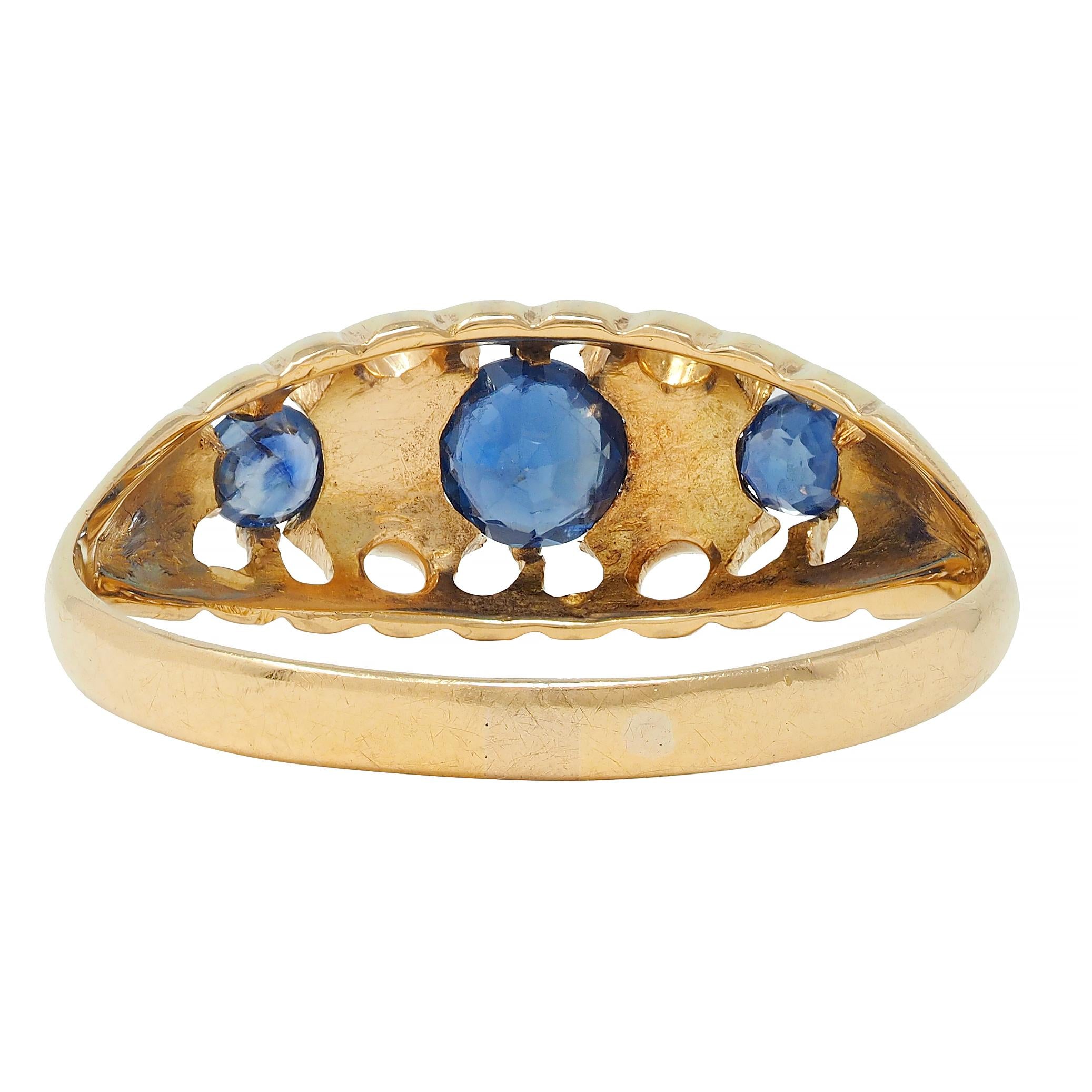 Victorian 1890 Sapphire Diamond 18 Karat Yellow Gold Three Stone Band Ring