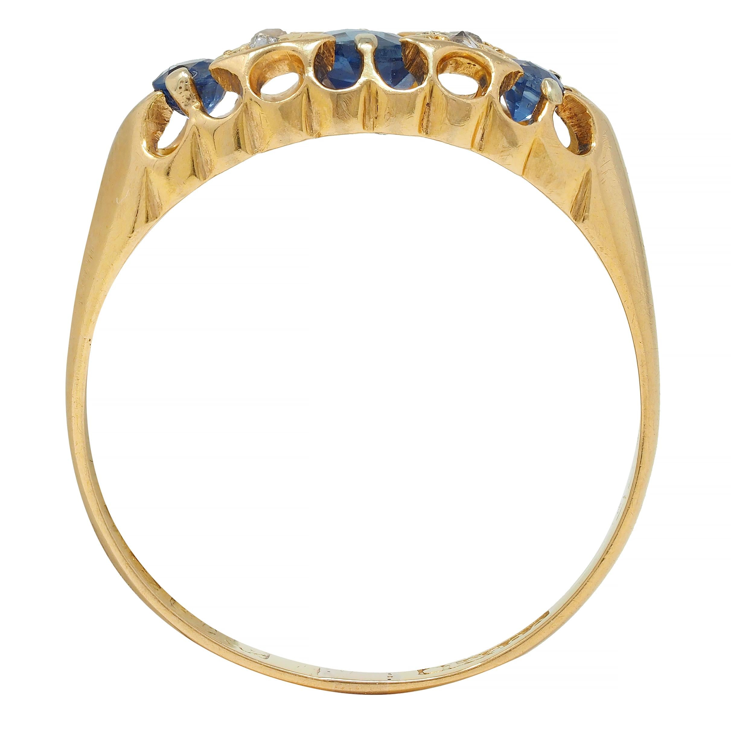 Victorian 1890 Sapphire Diamond 18 Karat Yellow Gold Three Stone Band Ring