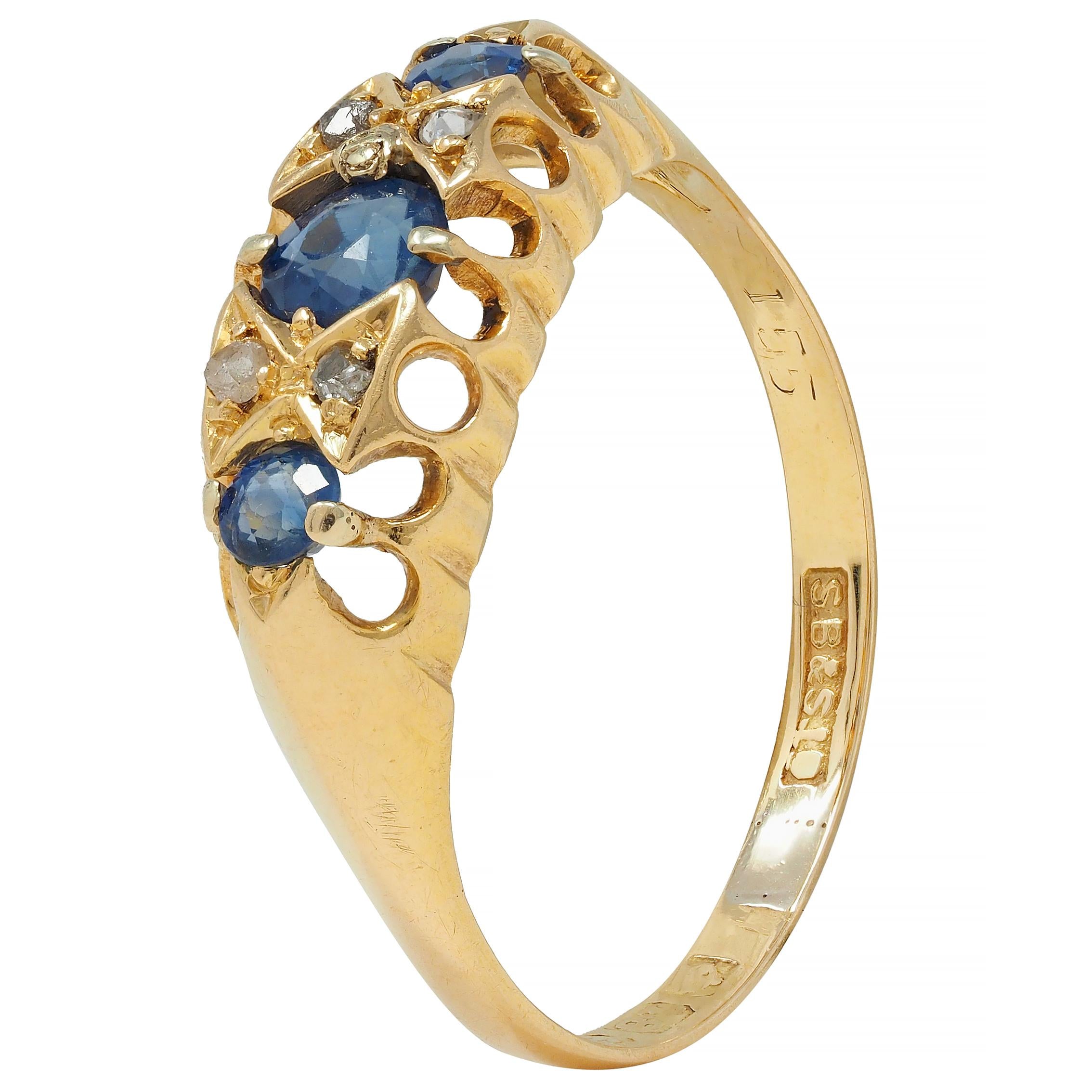 Victorian 1890 Sapphire Diamond 18 Karat Yellow Gold Three Stone Band Ring