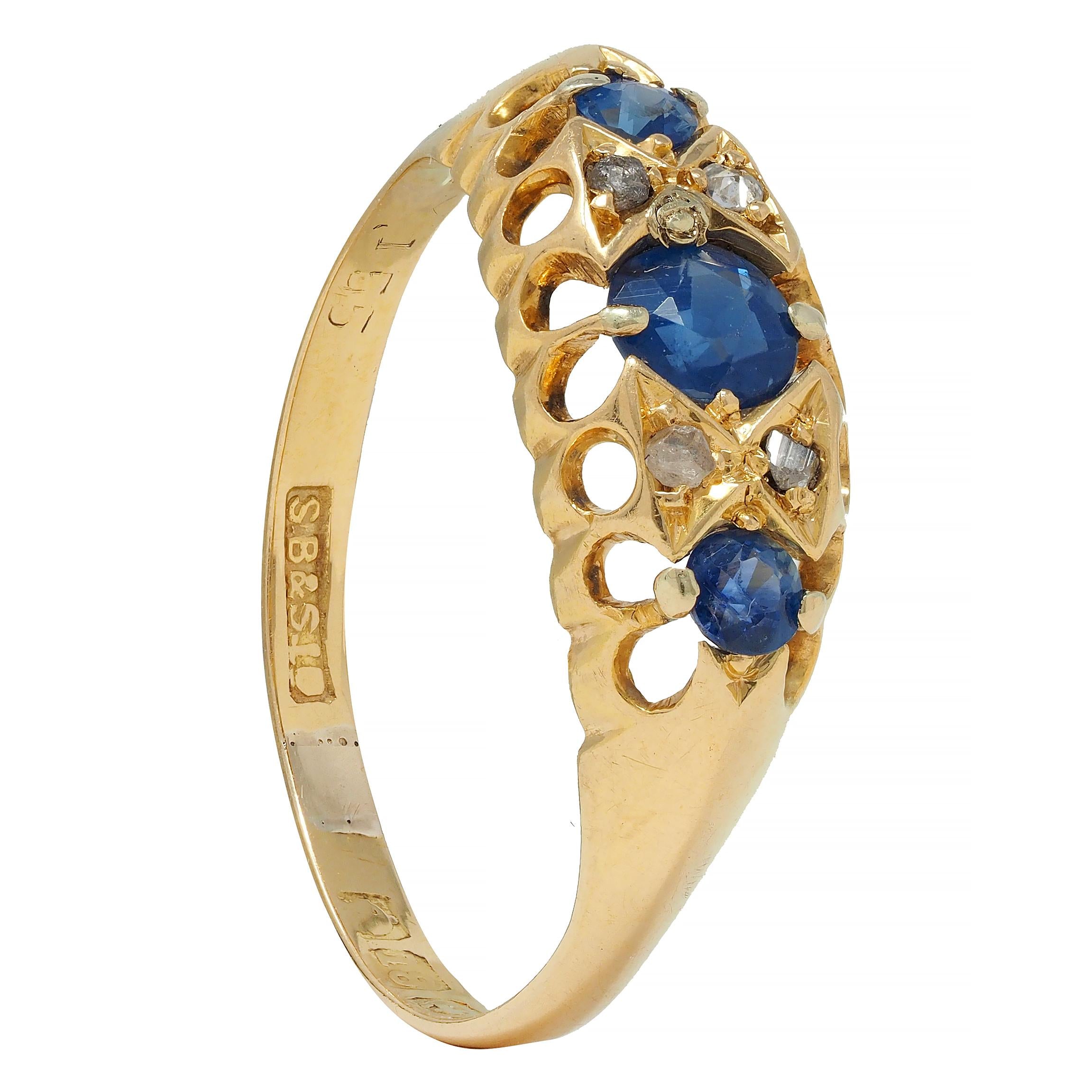 Victorian 1890 Sapphire Diamond 18 Karat Yellow Gold Three Stone Band Ring