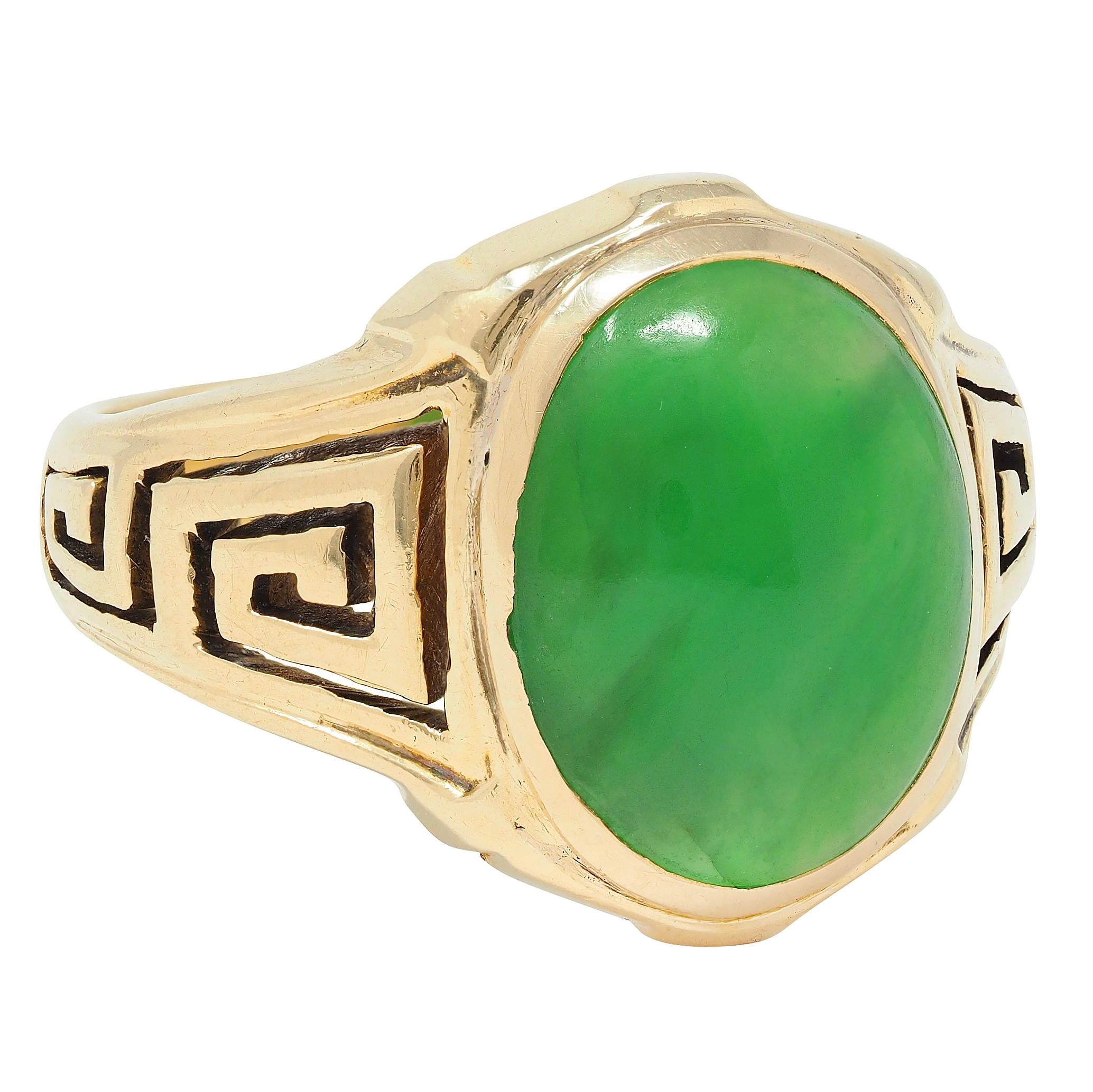 Art Deco Natural Jade 14 Karat Yellow Gold Greek Key Antique Signet Ring GIA