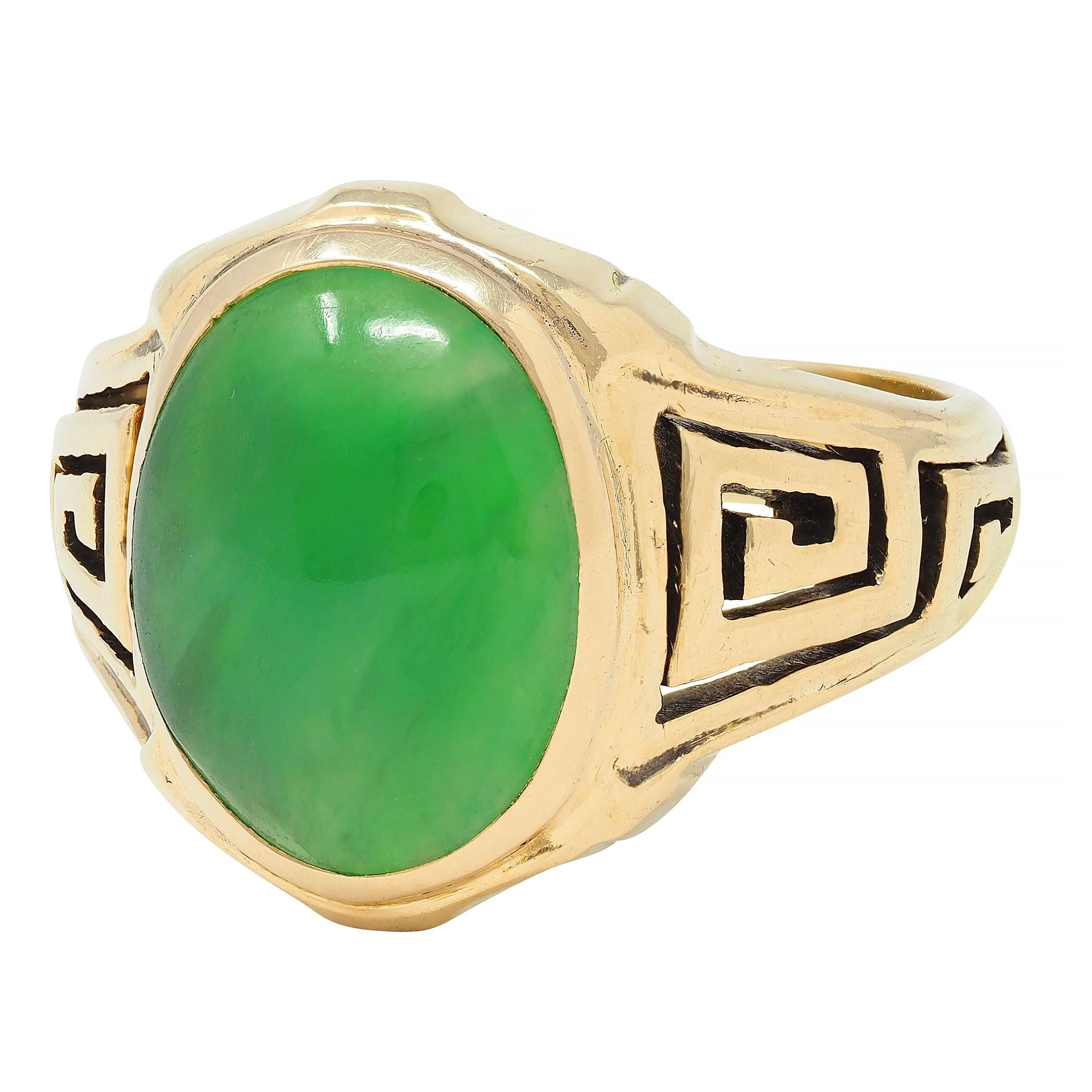 Art Deco Natural Jade 14 Karat Yellow Gold Greek Key Antique Signet Ring GIA
