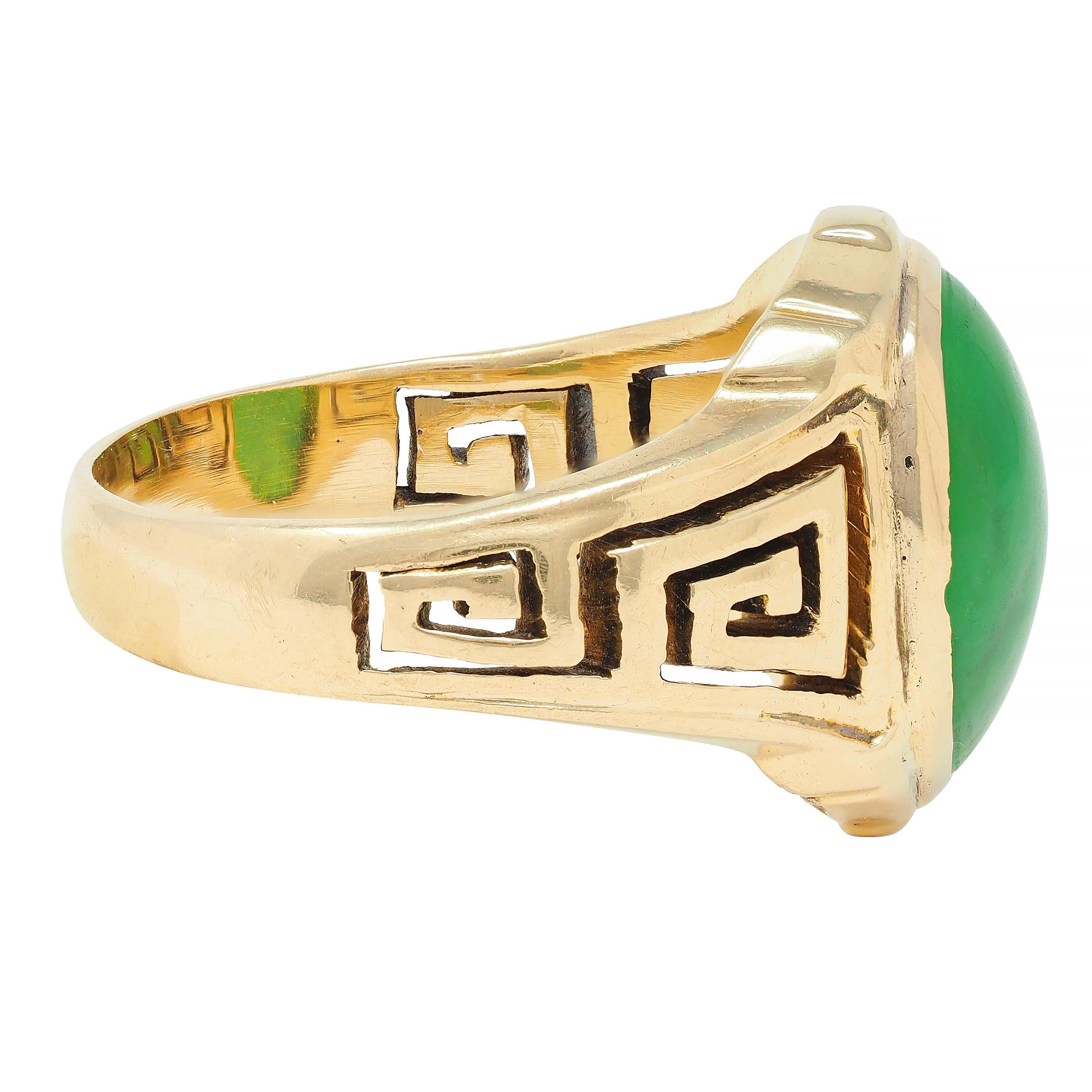 Art Deco Natural Jade 14 Karat Yellow Gold Greek Key Antique Signet Ring GIA