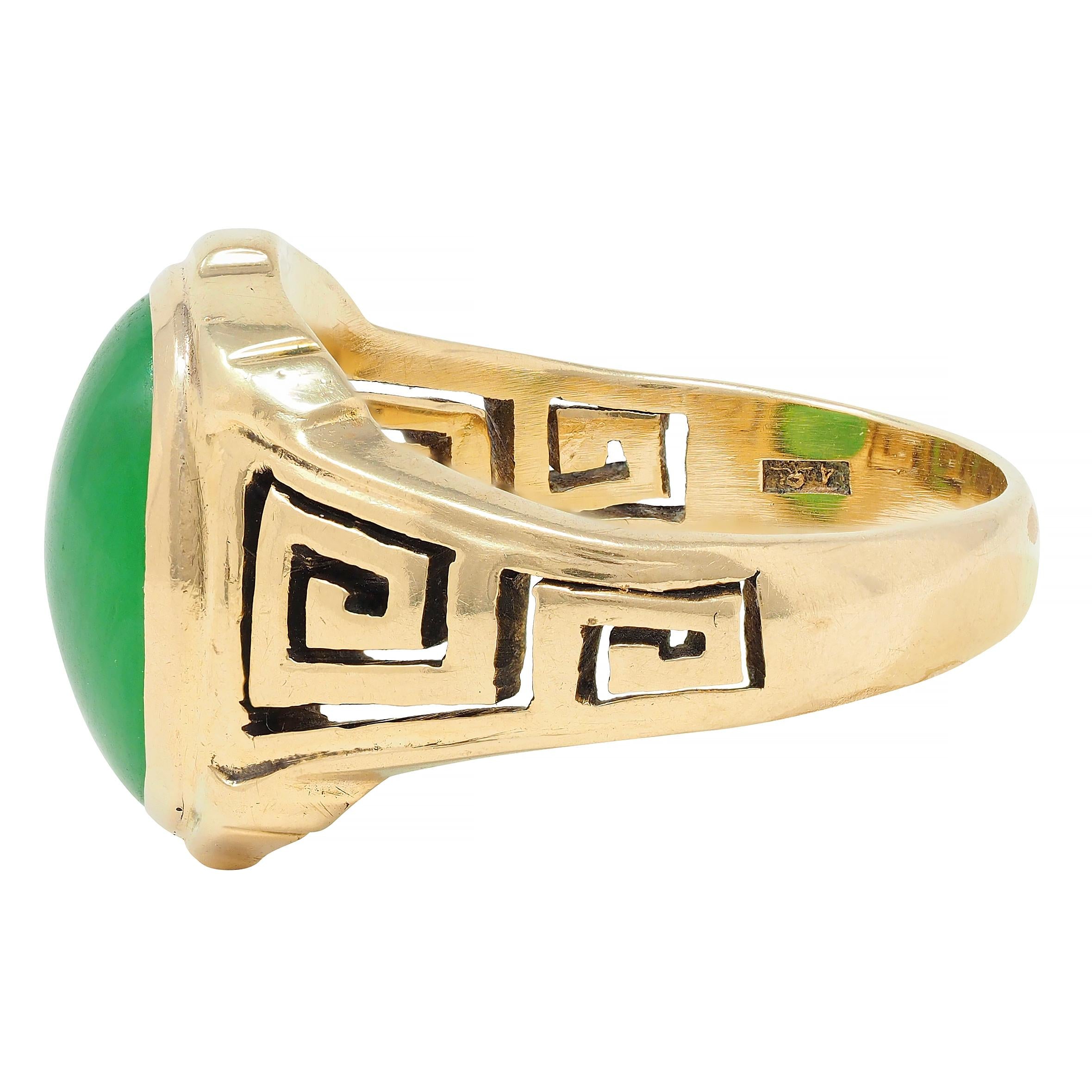 Art Deco Natural Jade 14 Karat Yellow Gold Greek Key Antique Signet Ring GIA