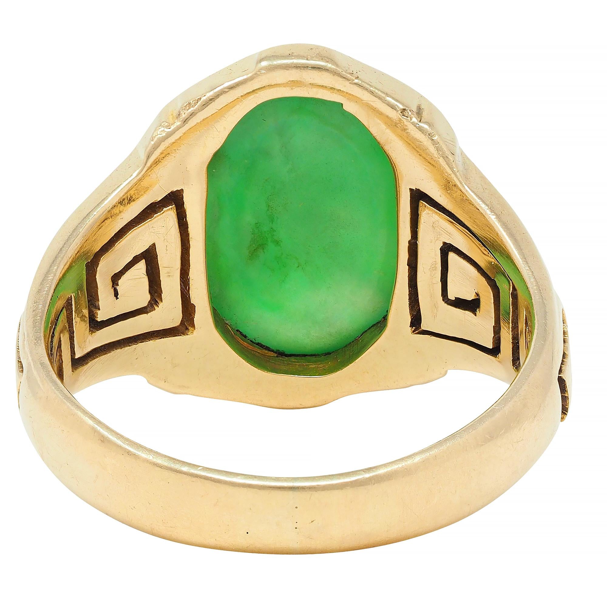 Art Deco Natural Jade 14 Karat Yellow Gold Greek Key Antique Signet Ring GIA