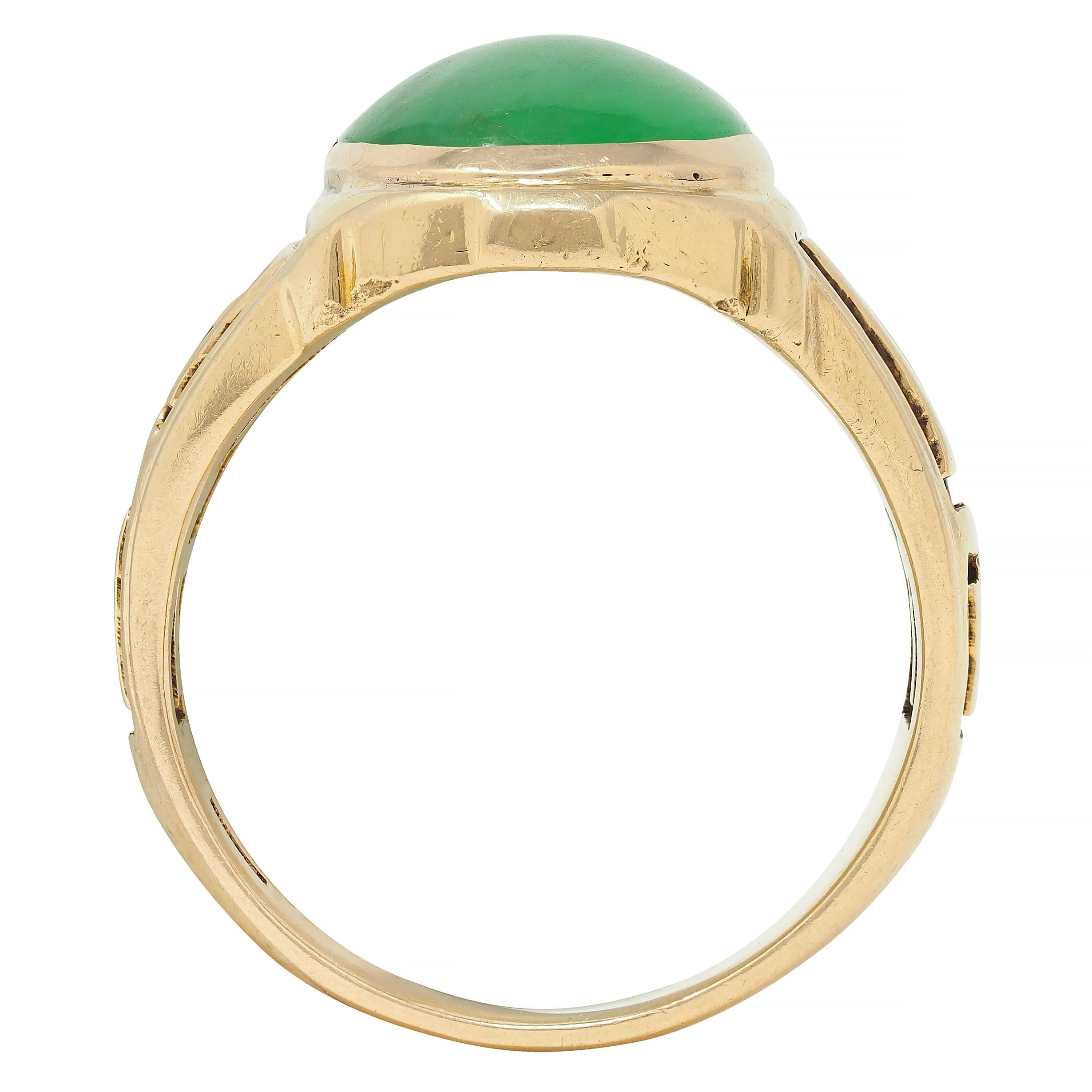 Art Deco Natural Jade 14 Karat Yellow Gold Greek Key Antique Signet Ring GIA