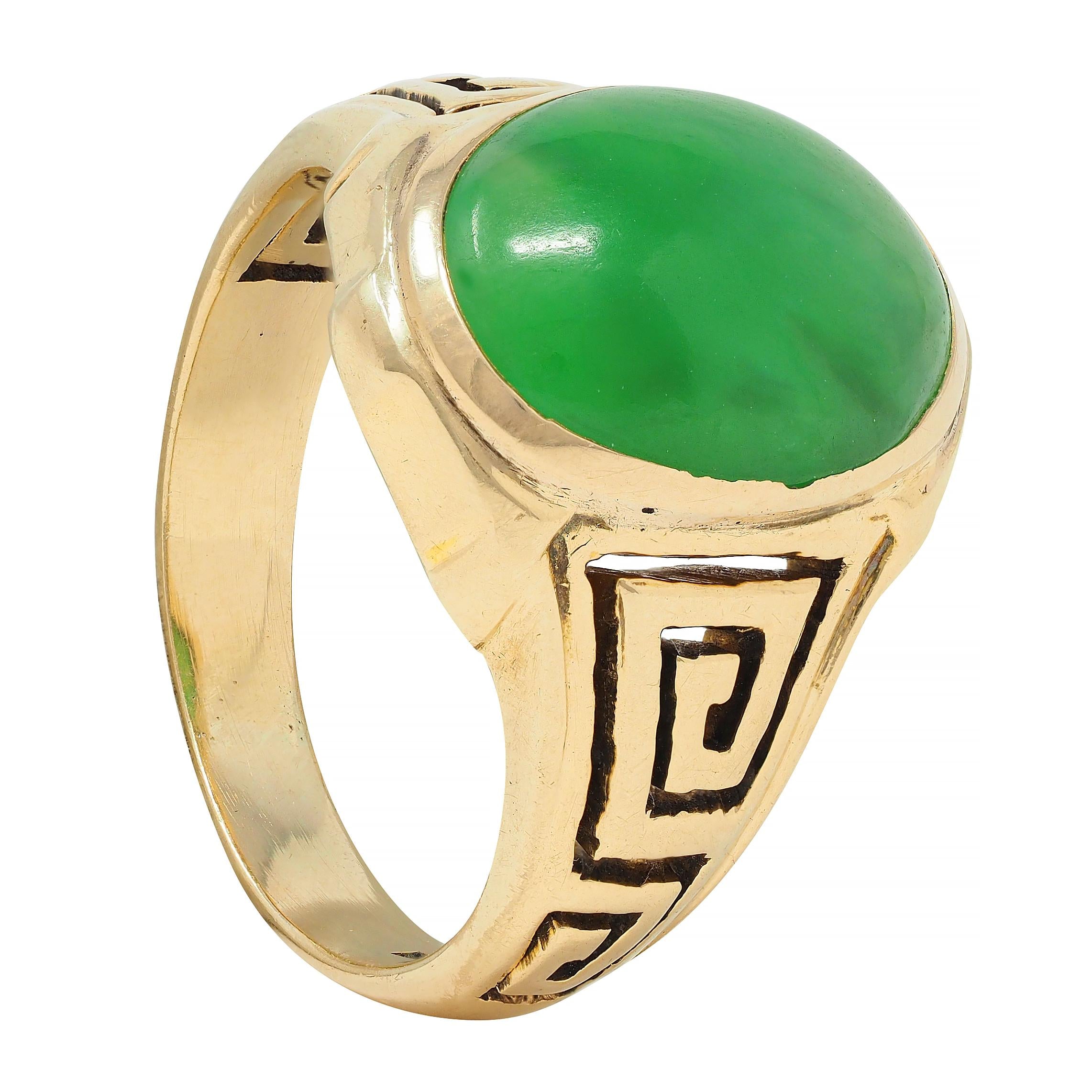 Art Deco Natural Jade 14 Karat Yellow Gold Greek Key Antique Signet Ring GIA