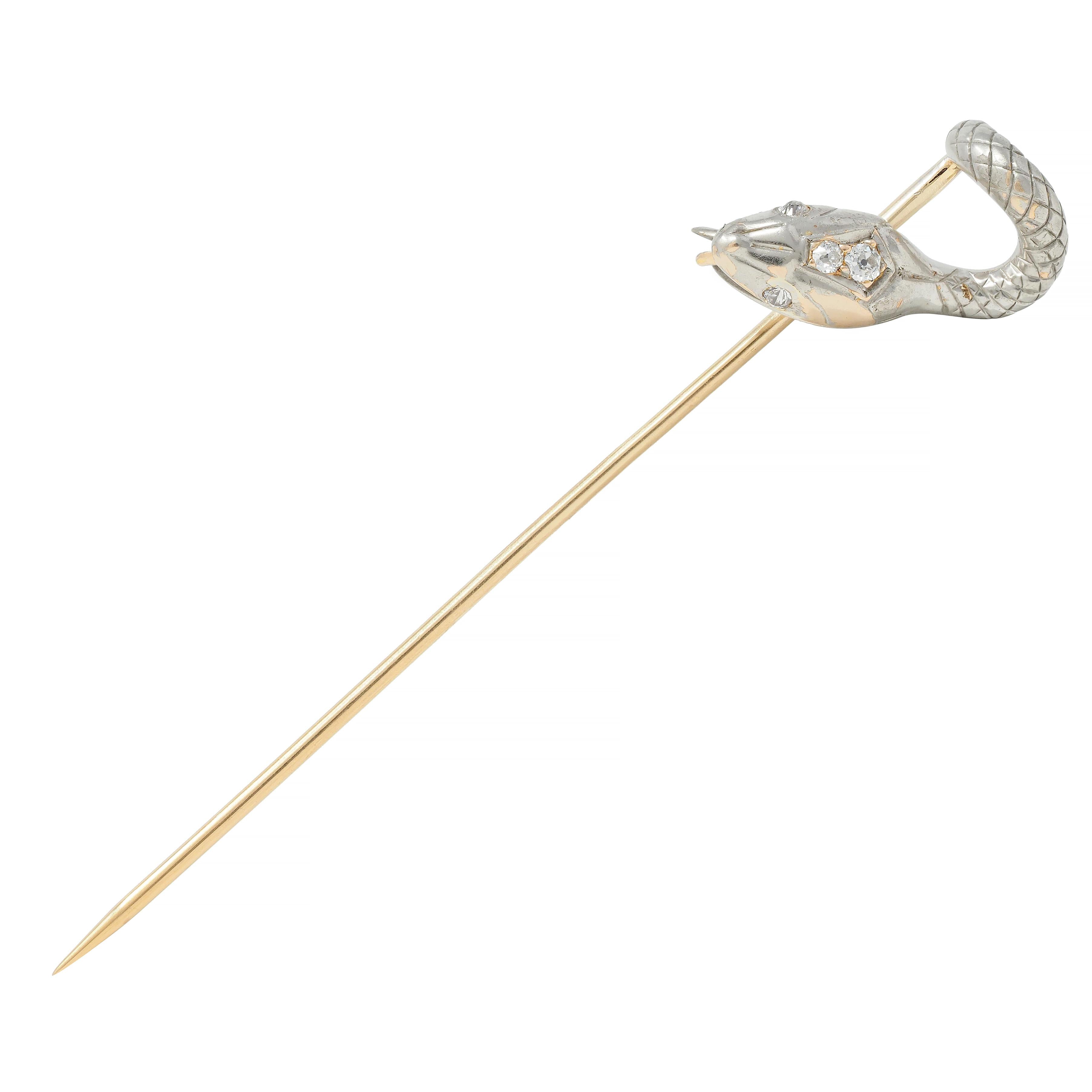Edwardian Diamond Platinum-Topped 14 Karat Gold Antique Snake Stickpin