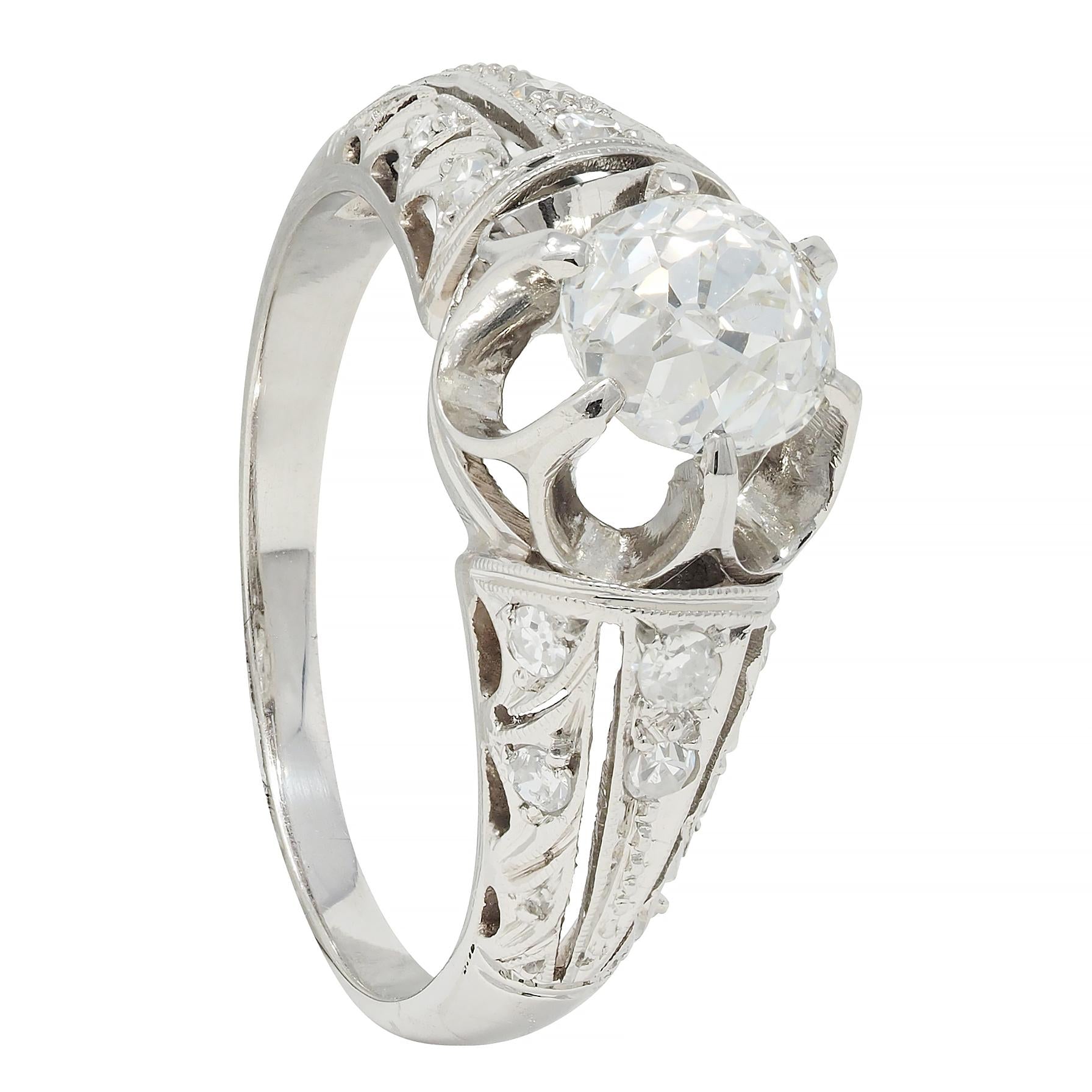 Edwardian 1.16 CTW Old Mine Cut Diamond Platinum Buttercup Engagement Ring