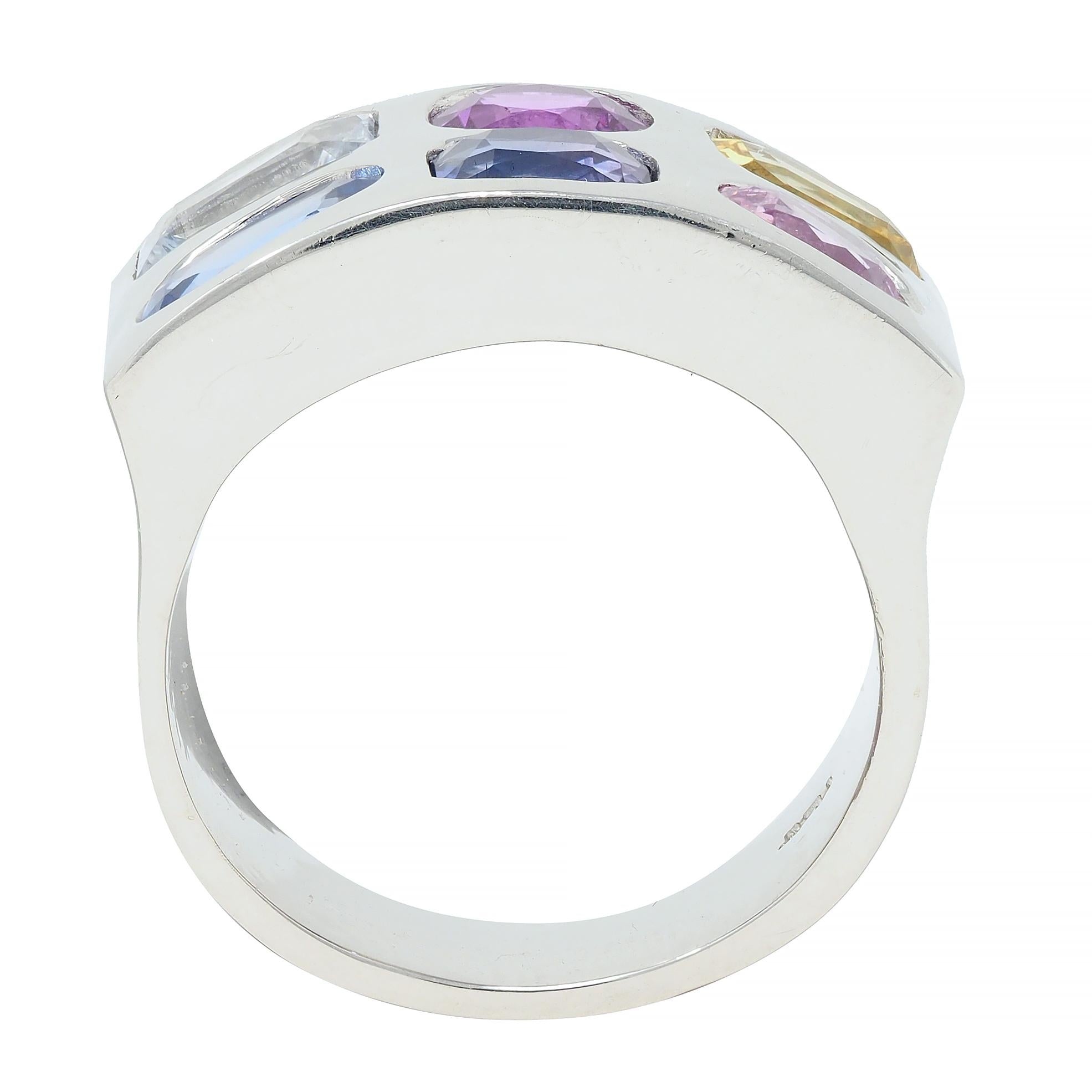 Multi-Colored Blue Pink Yellow Sapphire Platinum Flush Set Statement Ring