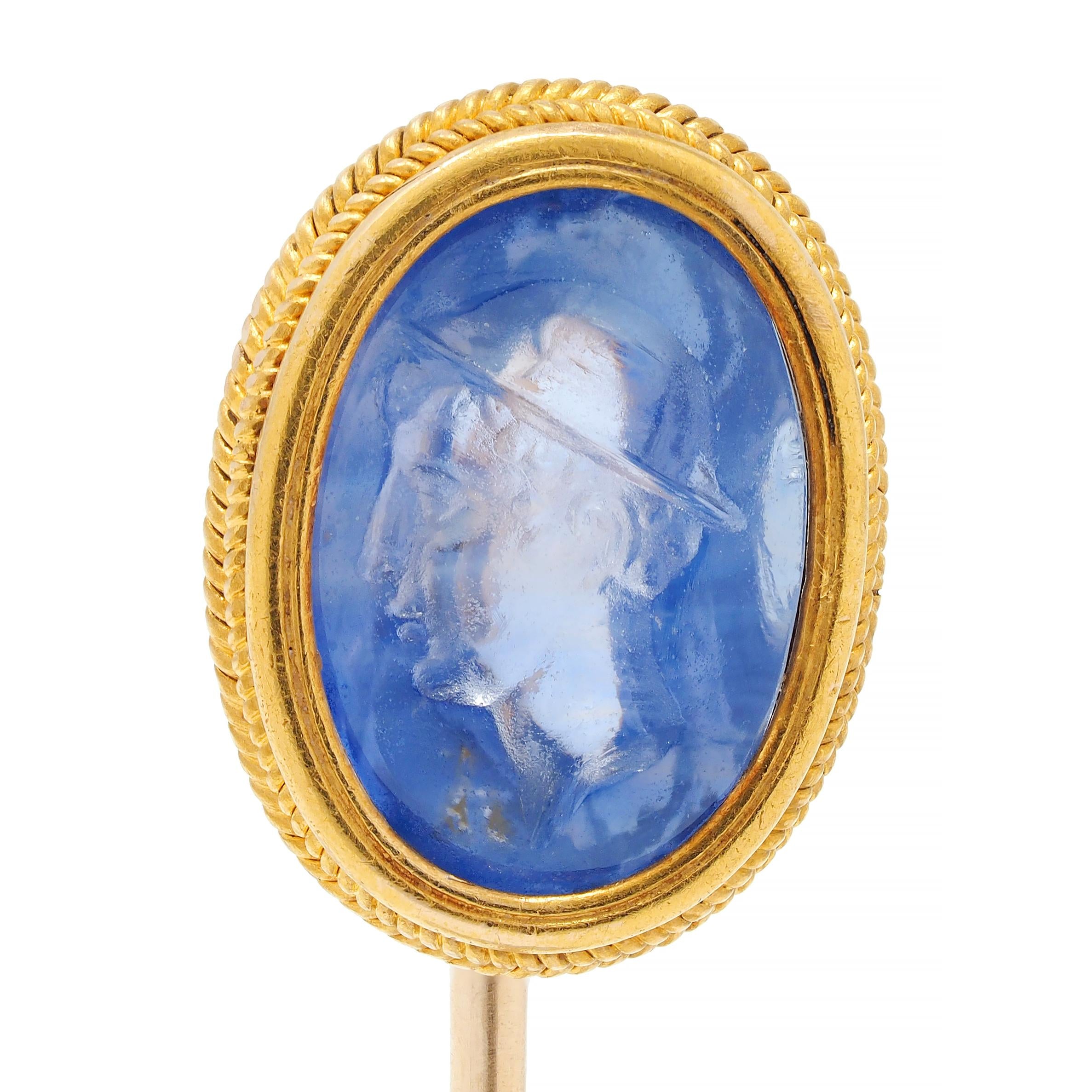 Victorian 5.18 CTW Sapphire 18 Karat Yellow Gold Herme Intaglio Antique Stickpin