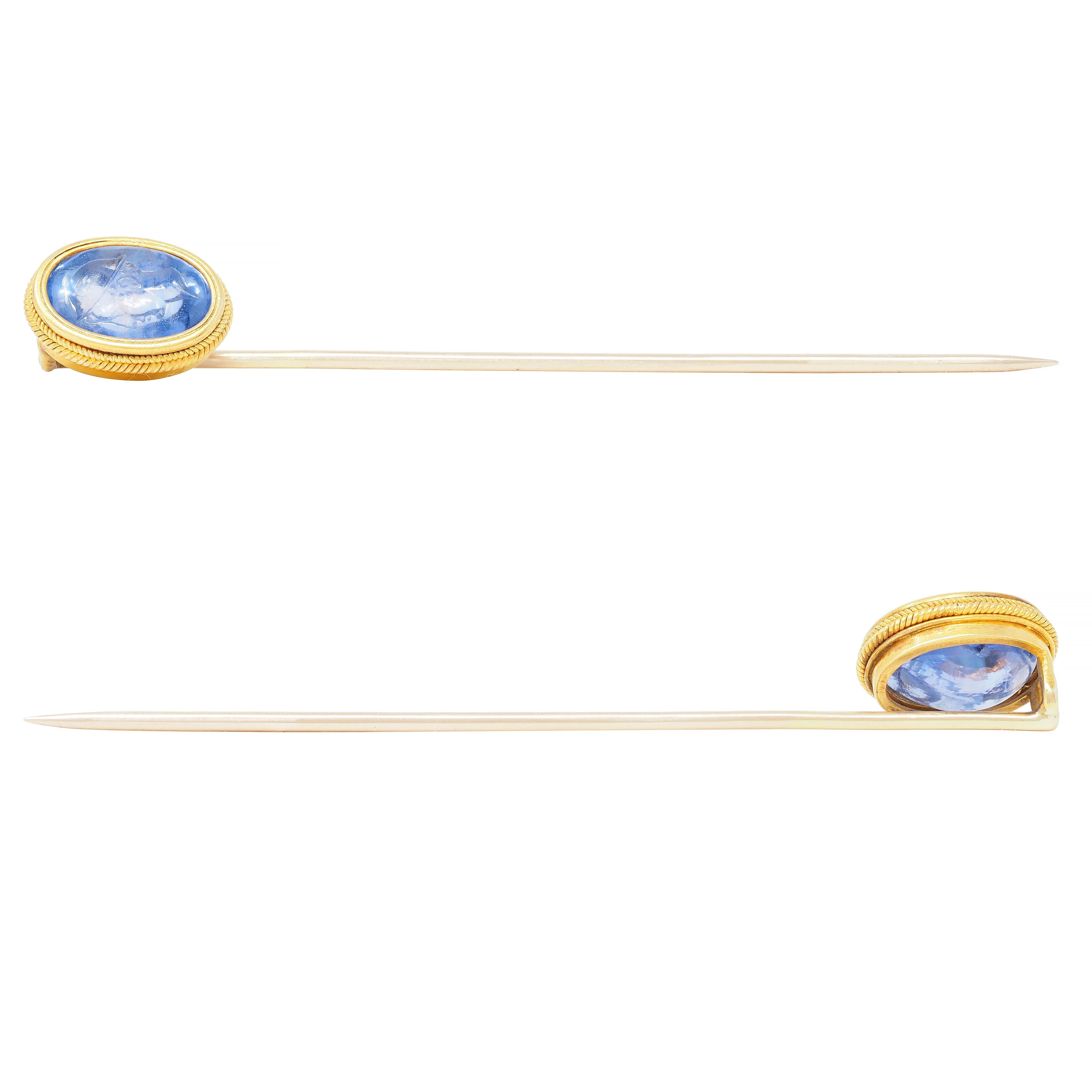 Victorian 5.18 CTW Sapphire 18 Karat Yellow Gold Herme Intaglio Antique Stickpin