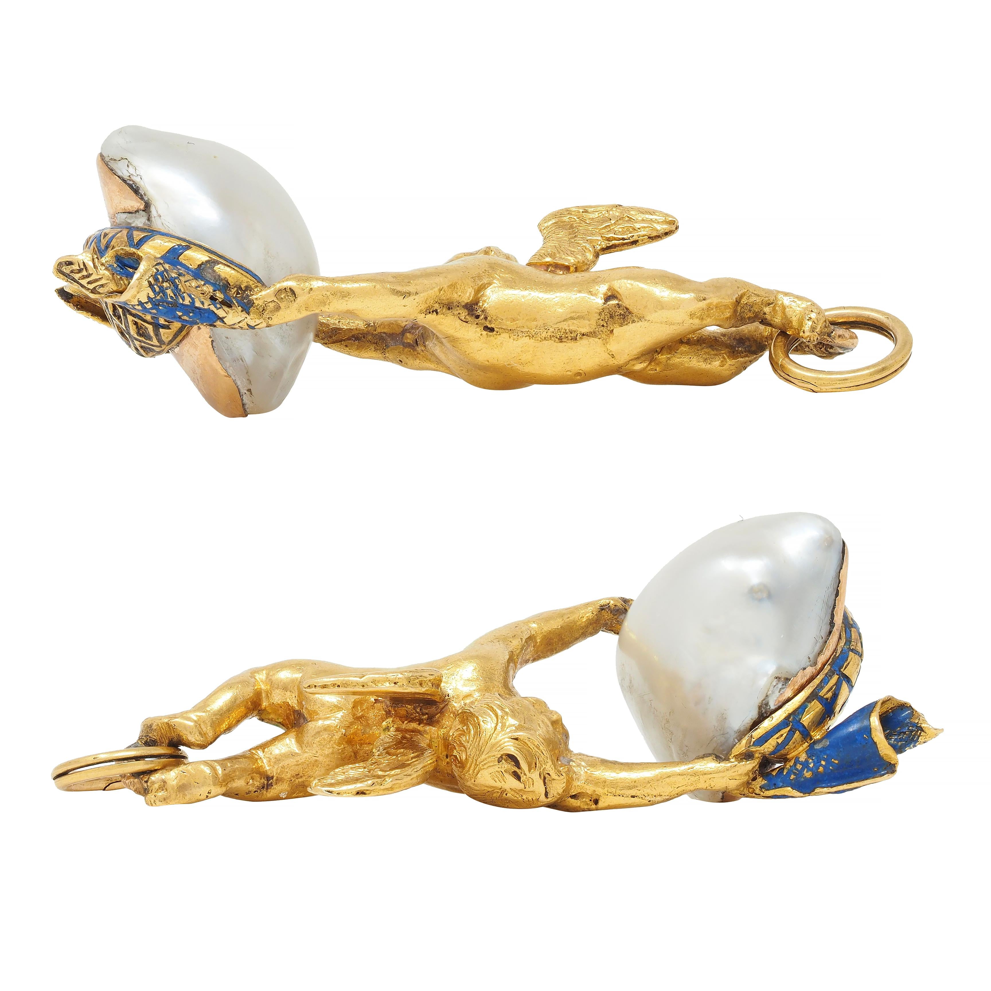 Victorian French Pearl Enamel 18 Karat Yellow Gold Cherub Antique Pendant Charm