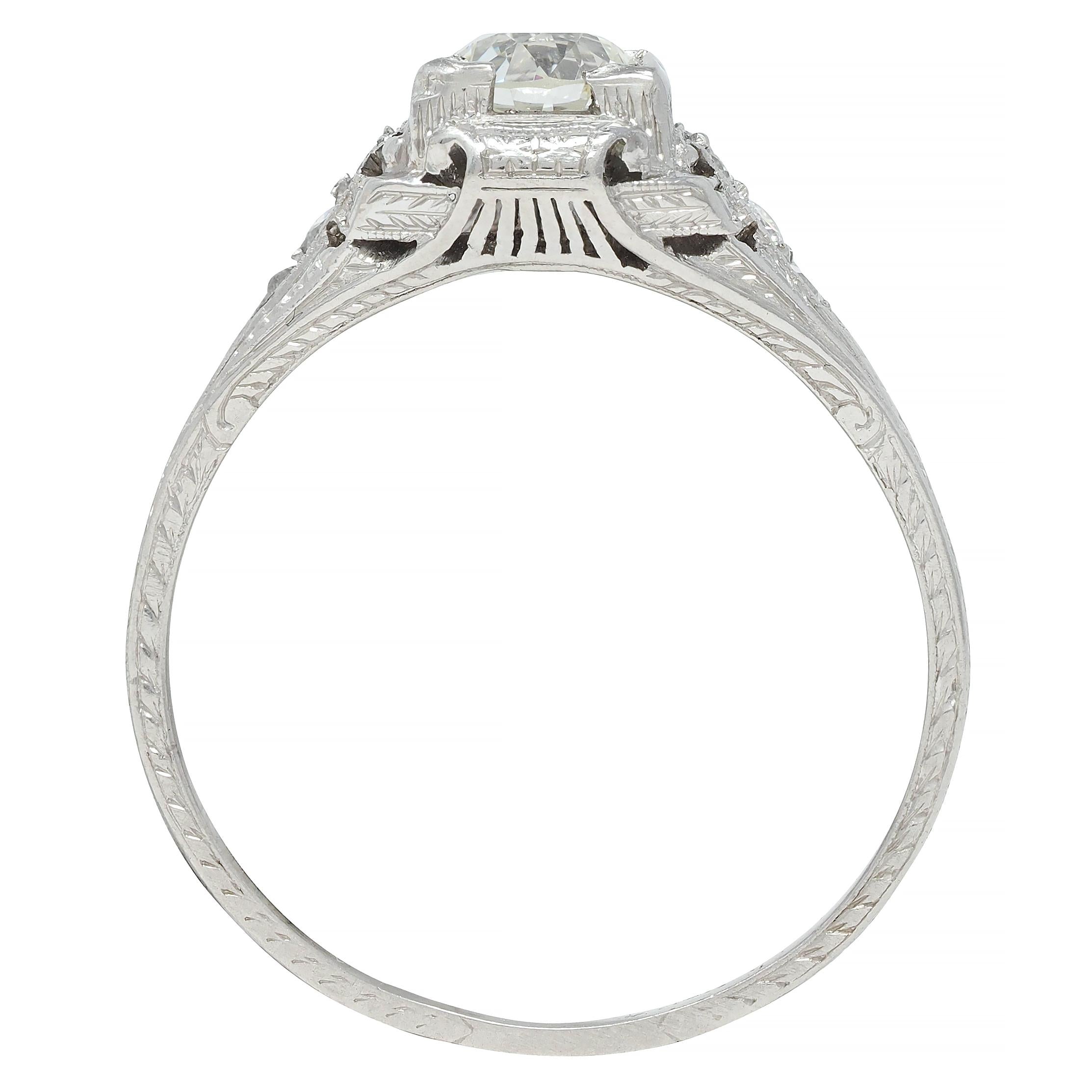 Art Deco 0.88 CTW Old European Cut Diamond Platinum Wheat Engagement Ring