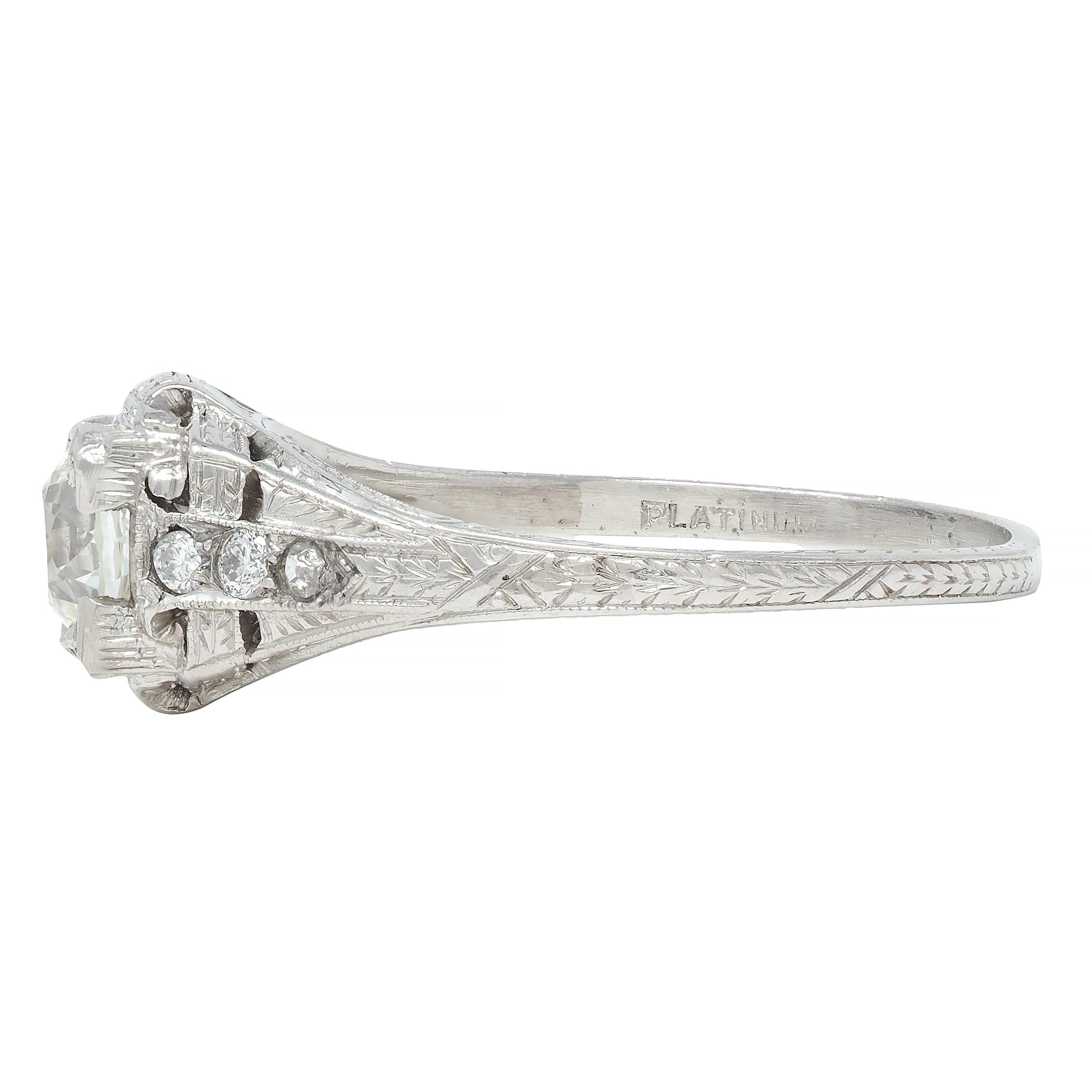 Art Deco 0.88 CTW Old European Cut Diamond Platinum Wheat Engagement Ring