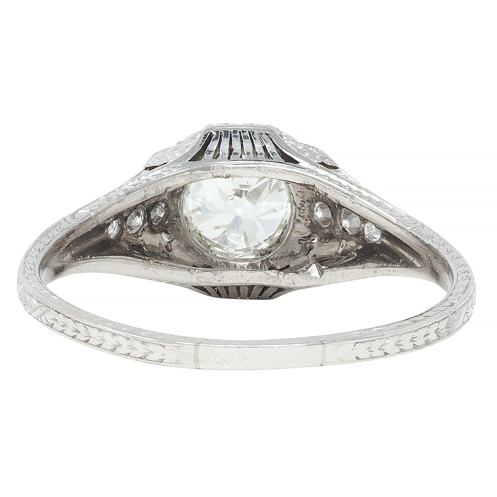 Art Deco 0.88 CTW Old European Cut Diamond Platinum Wheat Engagement Ring