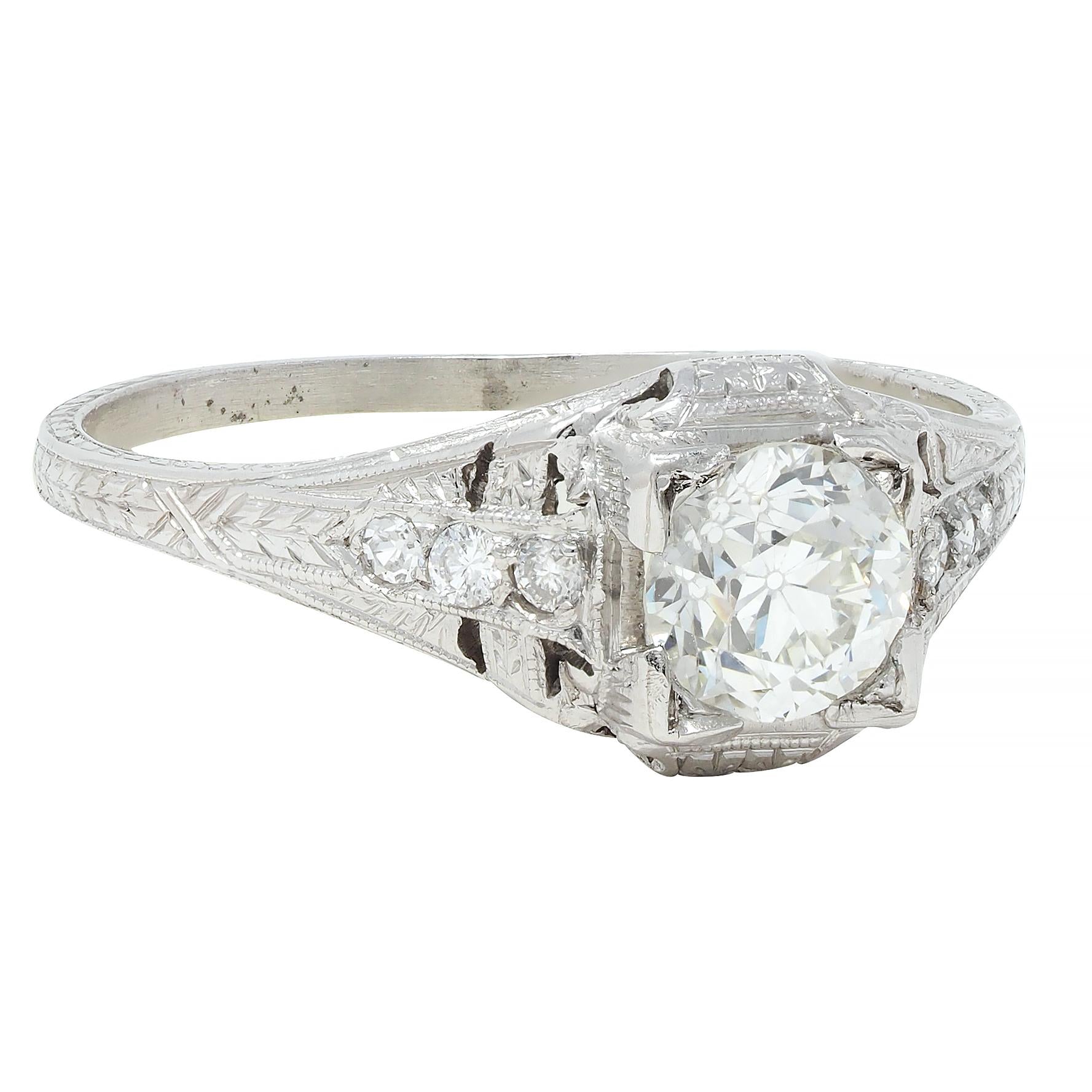 Art Deco 0.88 CTW Old European Cut Diamond Platinum Wheat Engagement Ring