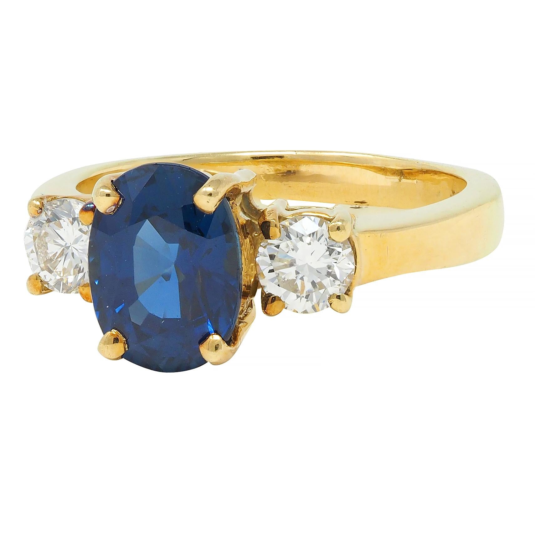 Vintage 2.32 CTW Sapphire Diamond 18 Karat Yellow Gold Three Stone Ring GIA