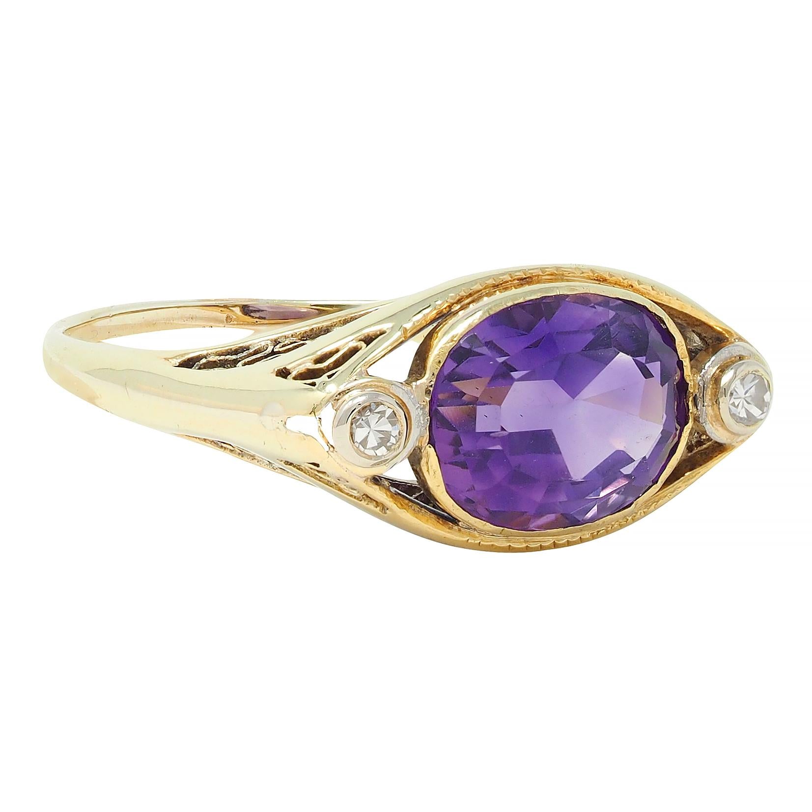 Arts & Crafts Amethyst Diamond 14 Karat Yellow Gold Antique Heart Ring