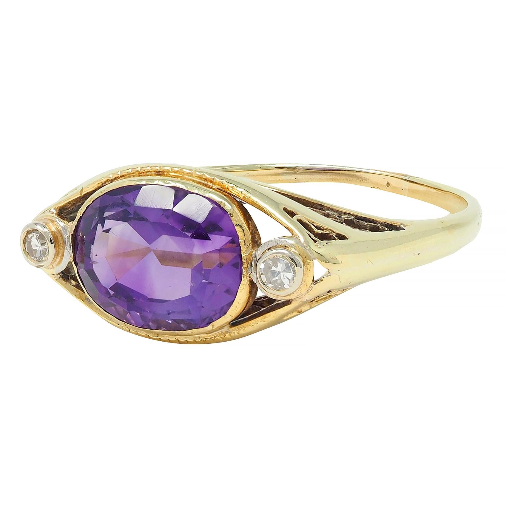 Arts & Crafts Amethyst Diamond 14 Karat Yellow Gold Antique Heart Ring