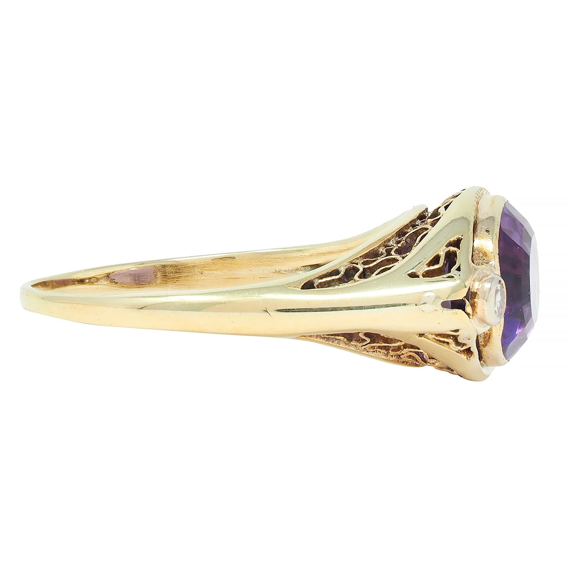 Arts & Crafts Amethyst Diamond 14 Karat Yellow Gold Antique Heart Ring