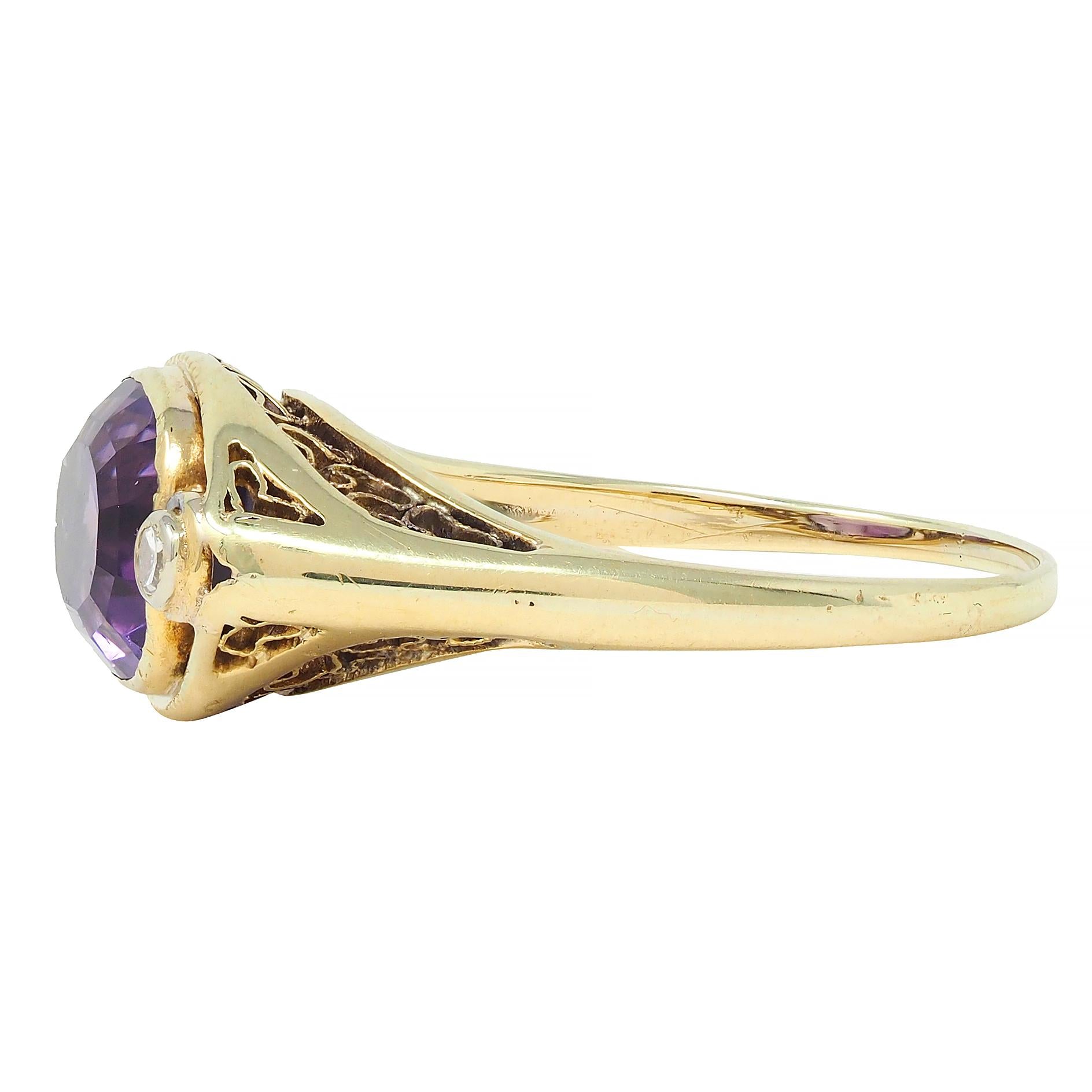 Arts & Crafts Amethyst Diamond 14 Karat Yellow Gold Antique Heart Ring