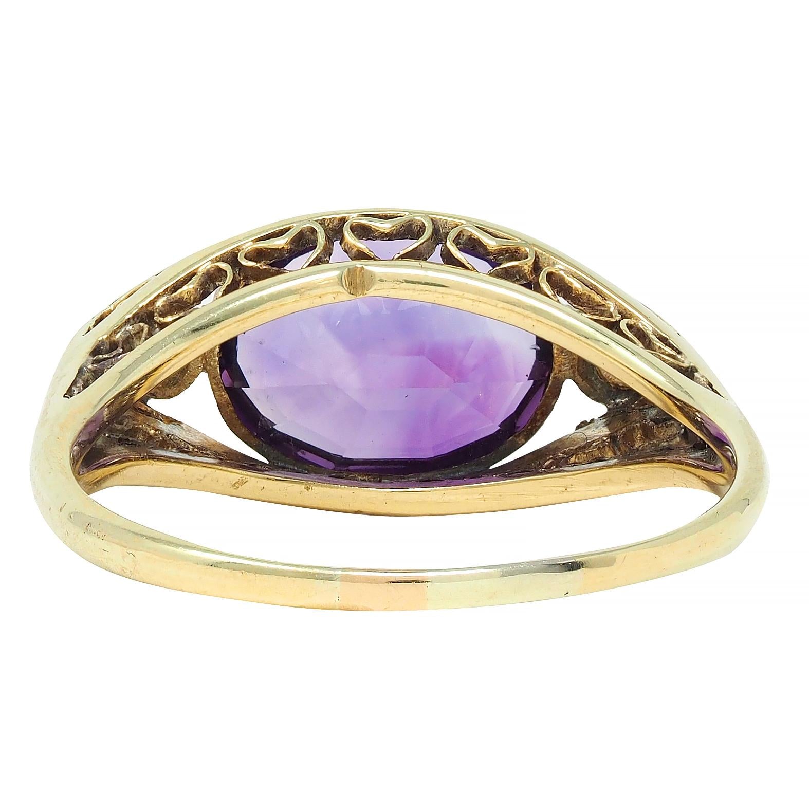 Arts & Crafts Amethyst Diamond 14 Karat Yellow Gold Antique Heart Ring