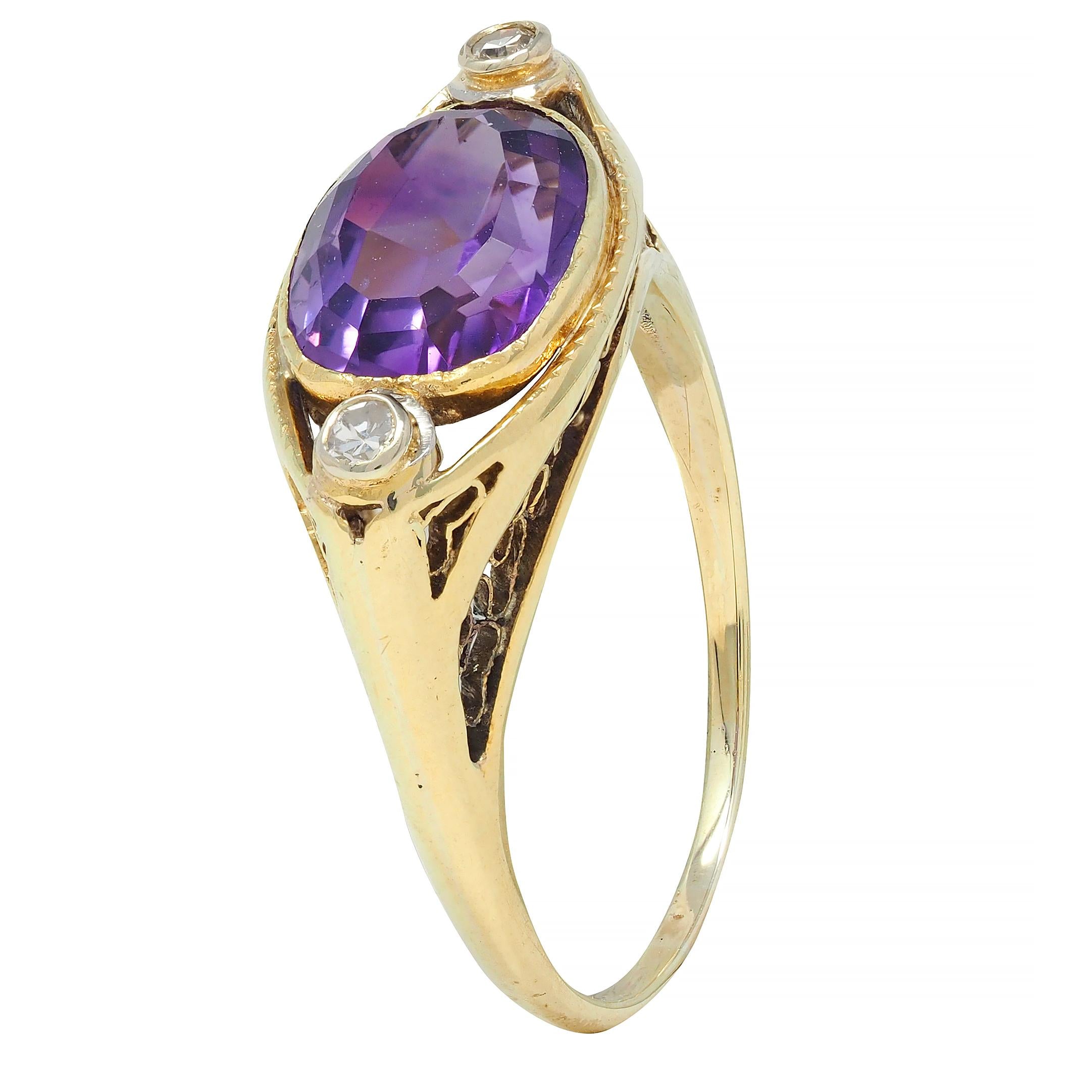 Arts & Crafts Amethyst Diamond 14 Karat Yellow Gold Antique Heart Ring