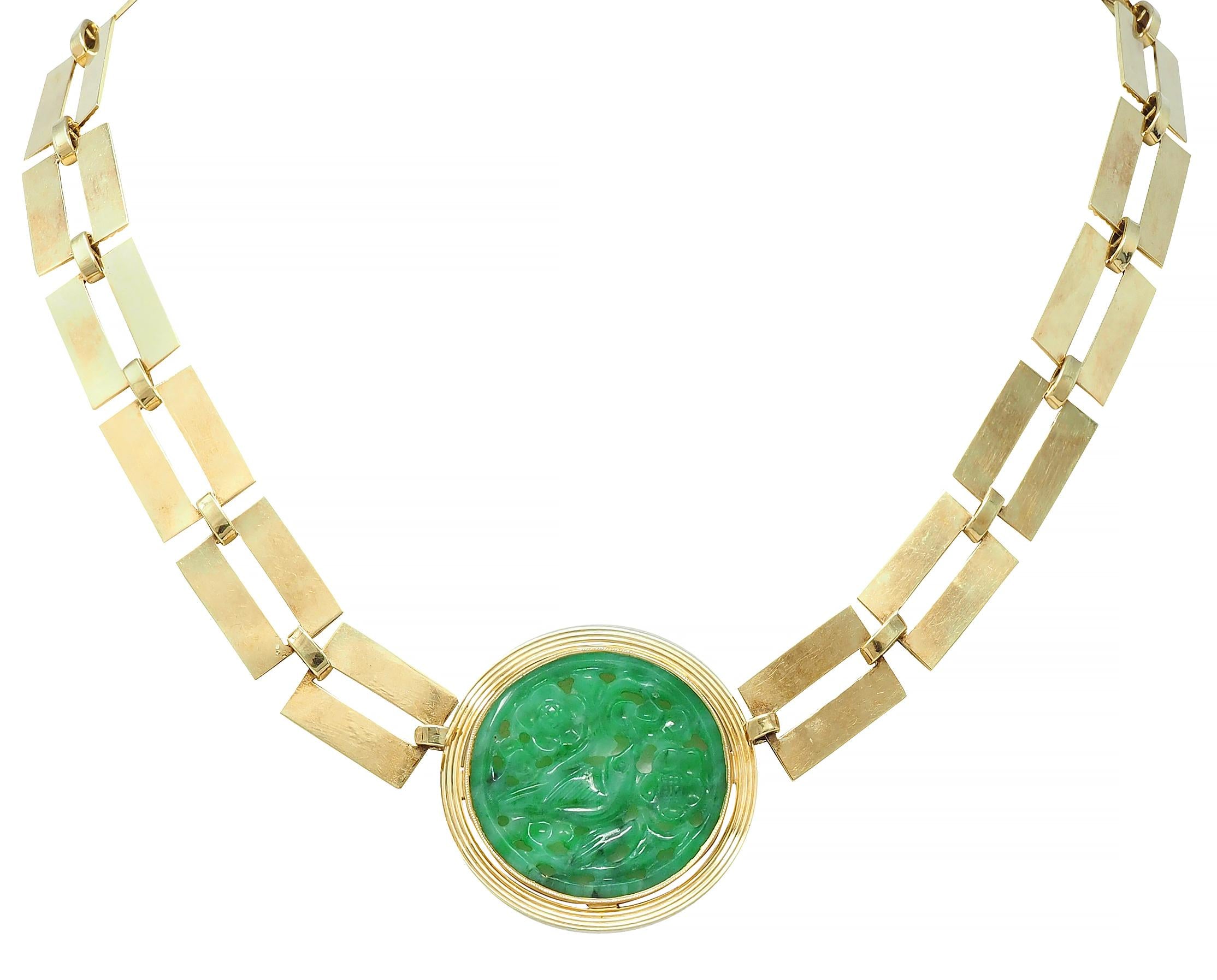1970's Carved Jade 14 Karat Yellow Gold Link Vintage Station Necklace