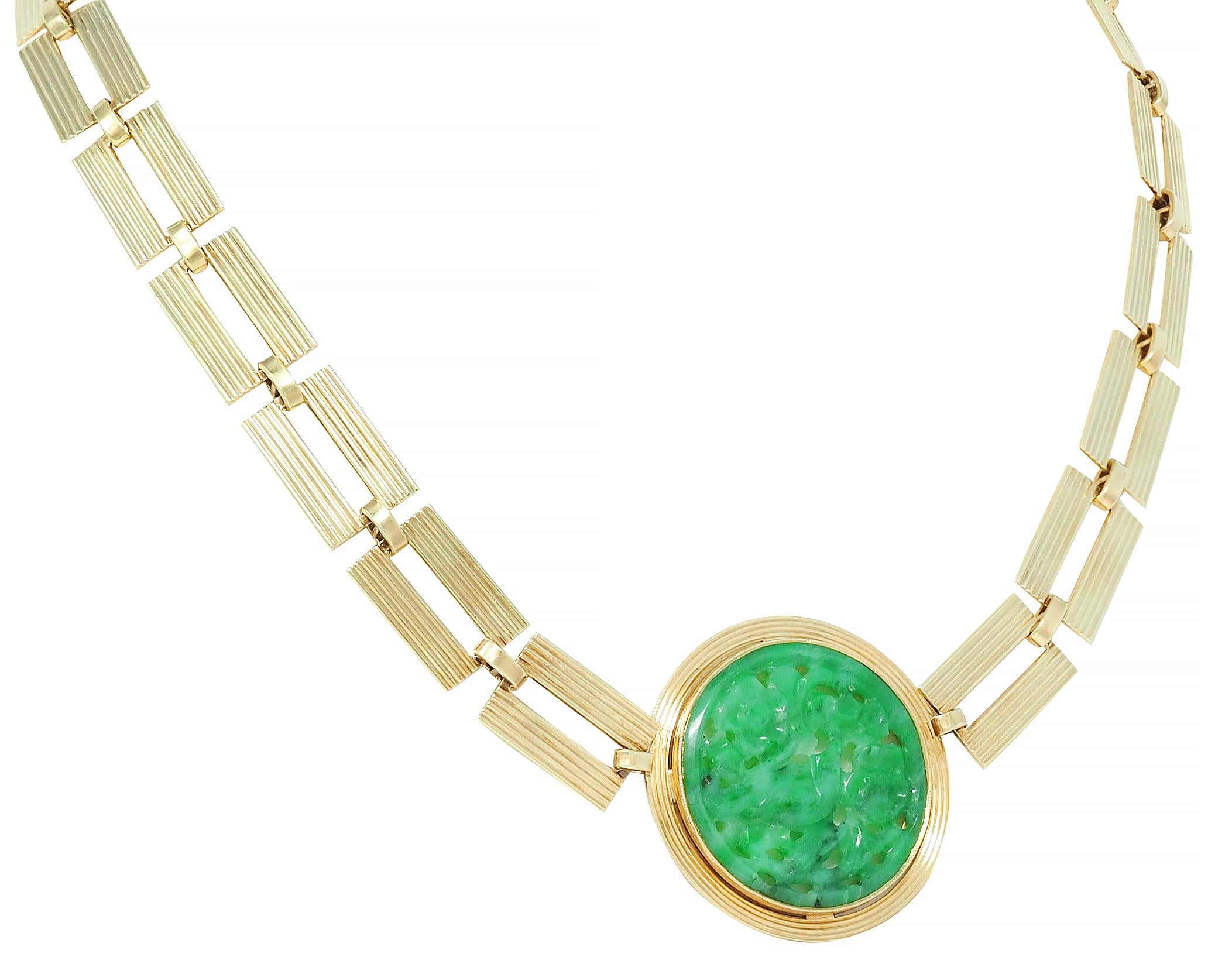 1970's Carved Jade 14 Karat Yellow Gold Link Vintage Station Necklace