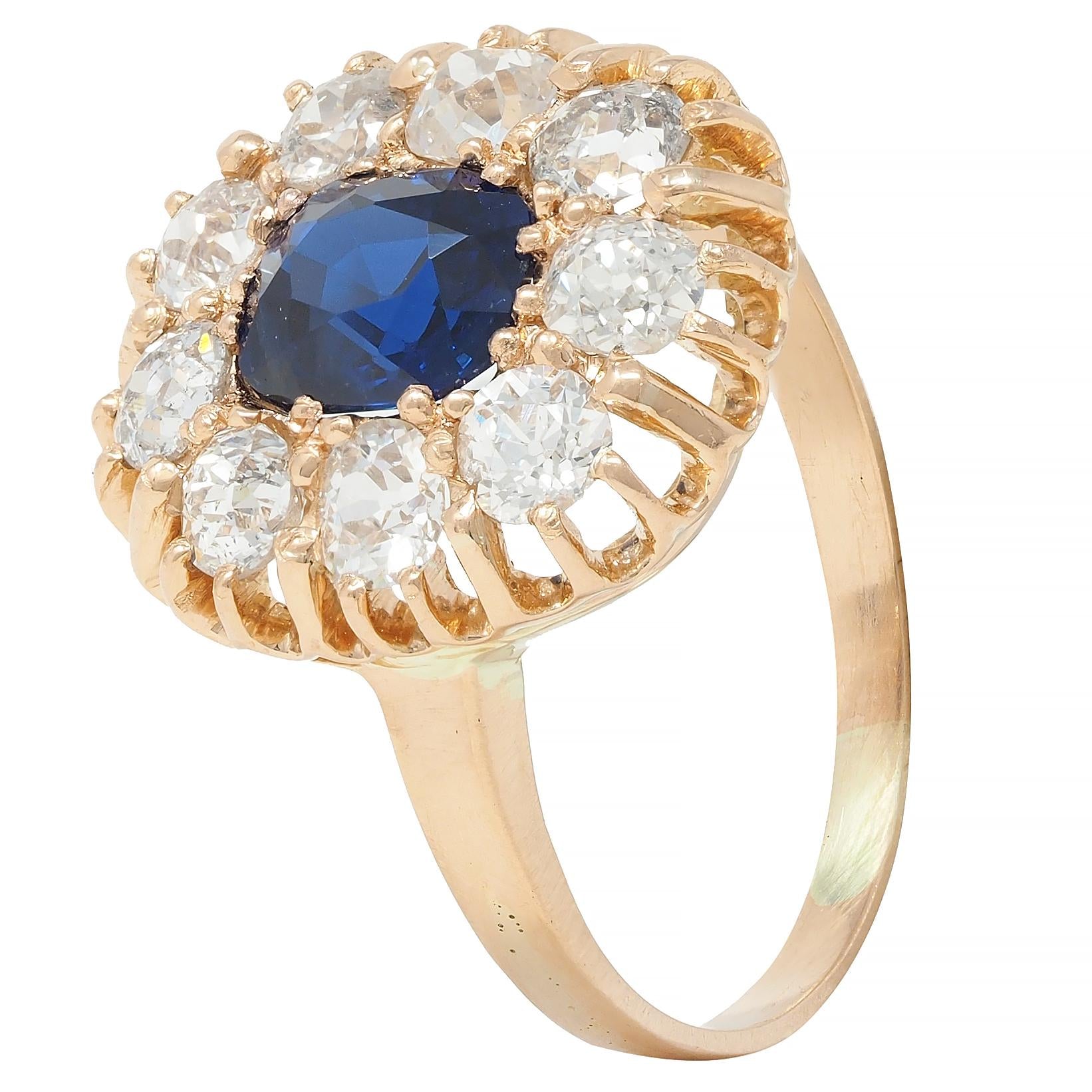 Victorian 2.86 CTW No Heat Sapphire Diamond 18 Karat Gold Halo Ring GIA