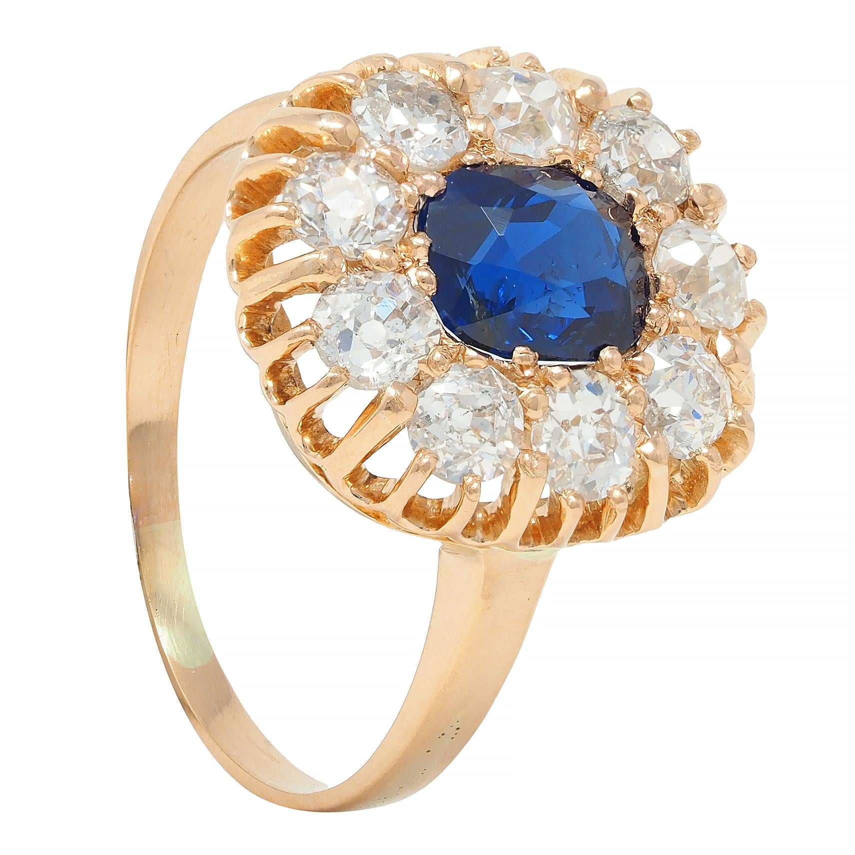 Victorian 2.86 CTW No Heat Sapphire Diamond 18 Karat Gold Halo Ring GIA
