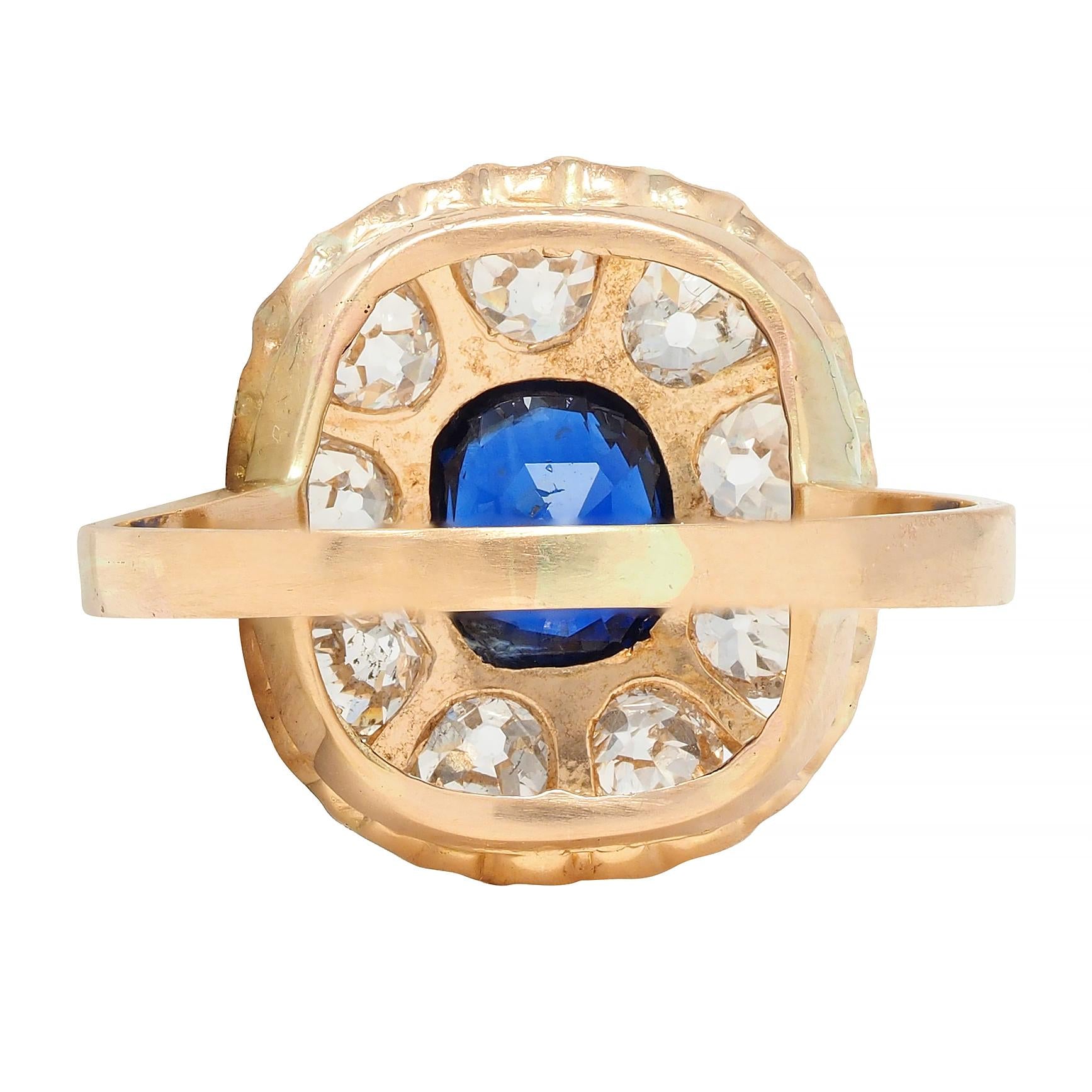 Victorian 2.86 CTW No Heat Sapphire Diamond 18 Karat Gold Halo Ring GIA