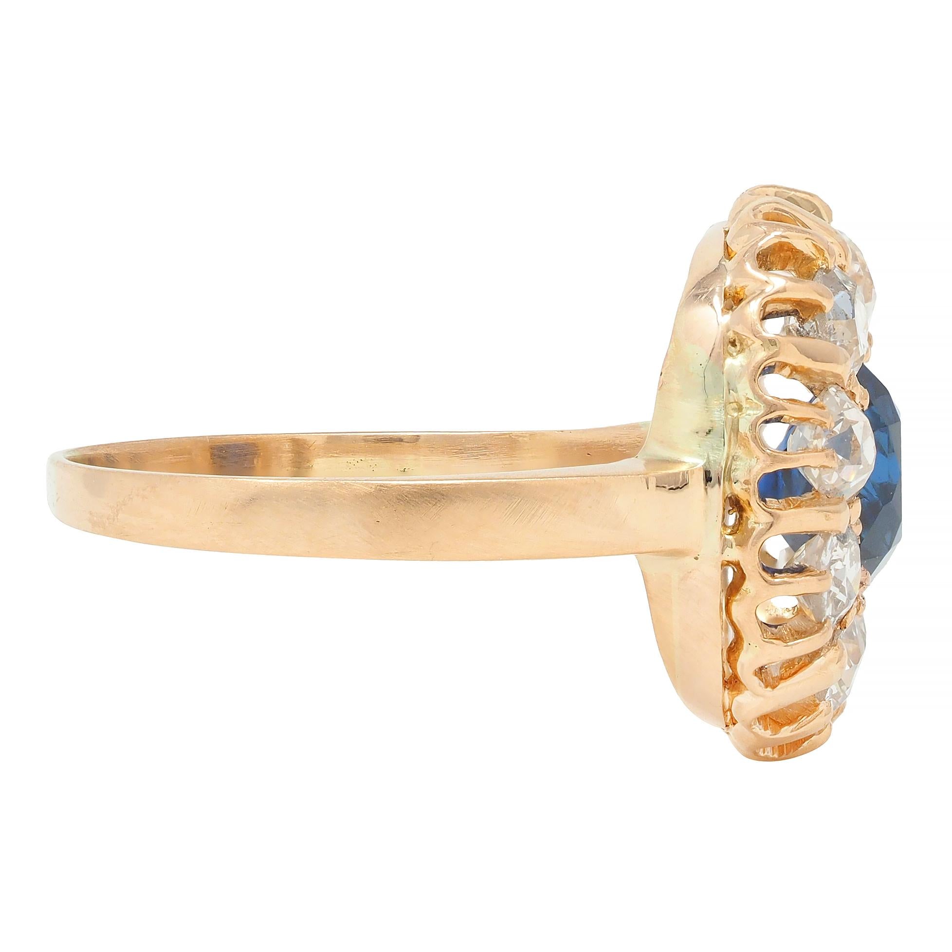Victorian 2.86 CTW No Heat Sapphire Diamond 18 Karat Gold Halo Ring GIA