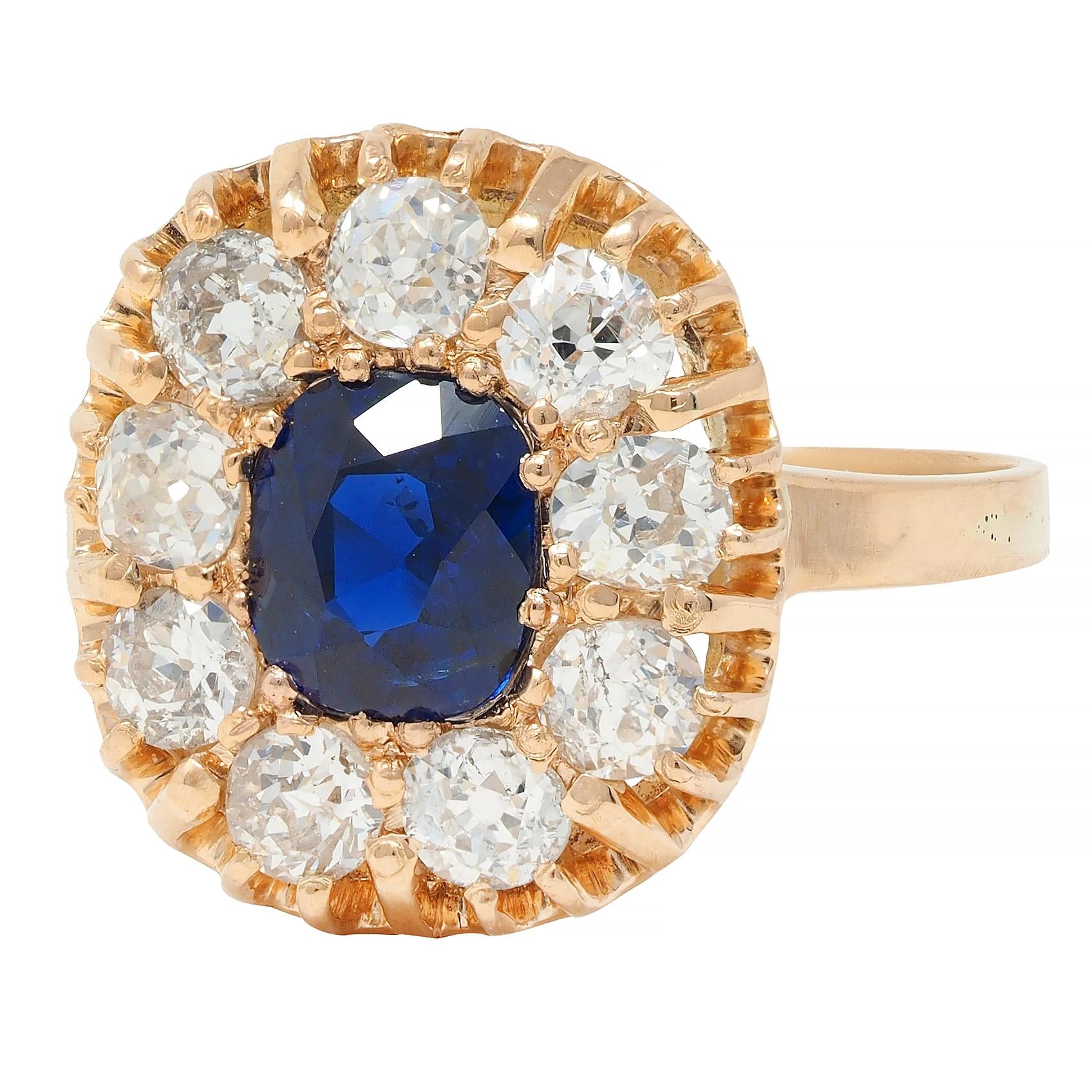Victorian 2.86 CTW No Heat Sapphire Diamond 18 Karat Gold Halo Ring GIA