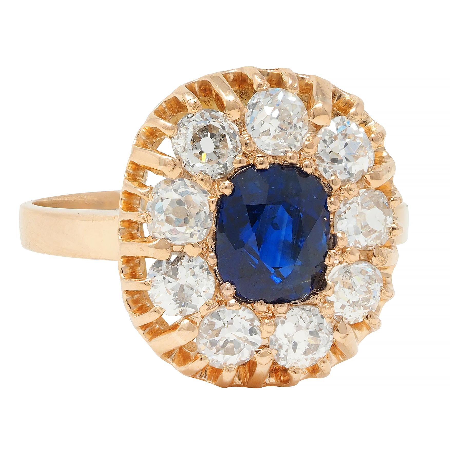 Victorian 2.86 CTW No Heat Sapphire Diamond 18 Karat Gold Halo Ring GIA