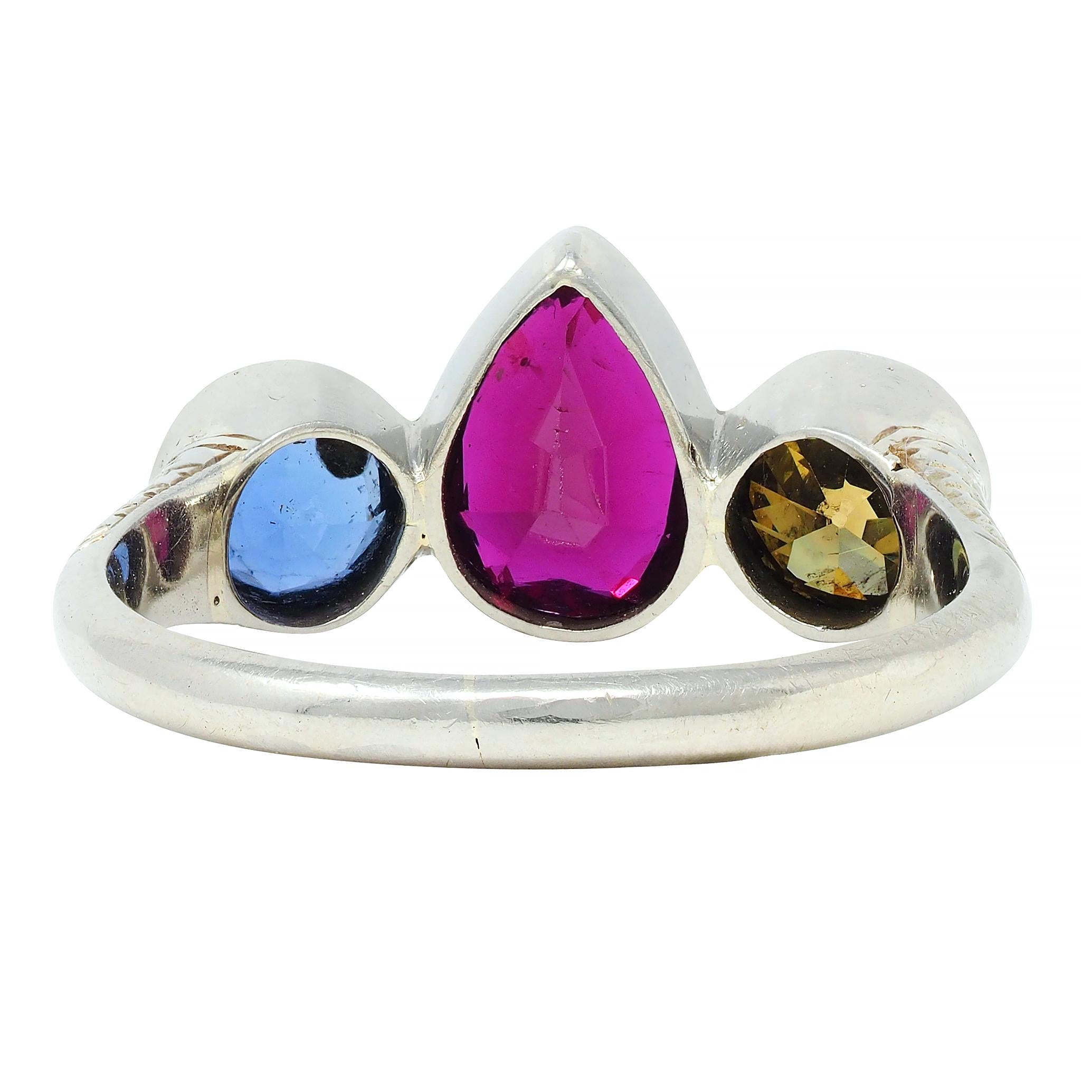 Art Deco 1.92 CTW Ruby Sapphire Fancy Green Diamond 14 Karat White Gold Ring