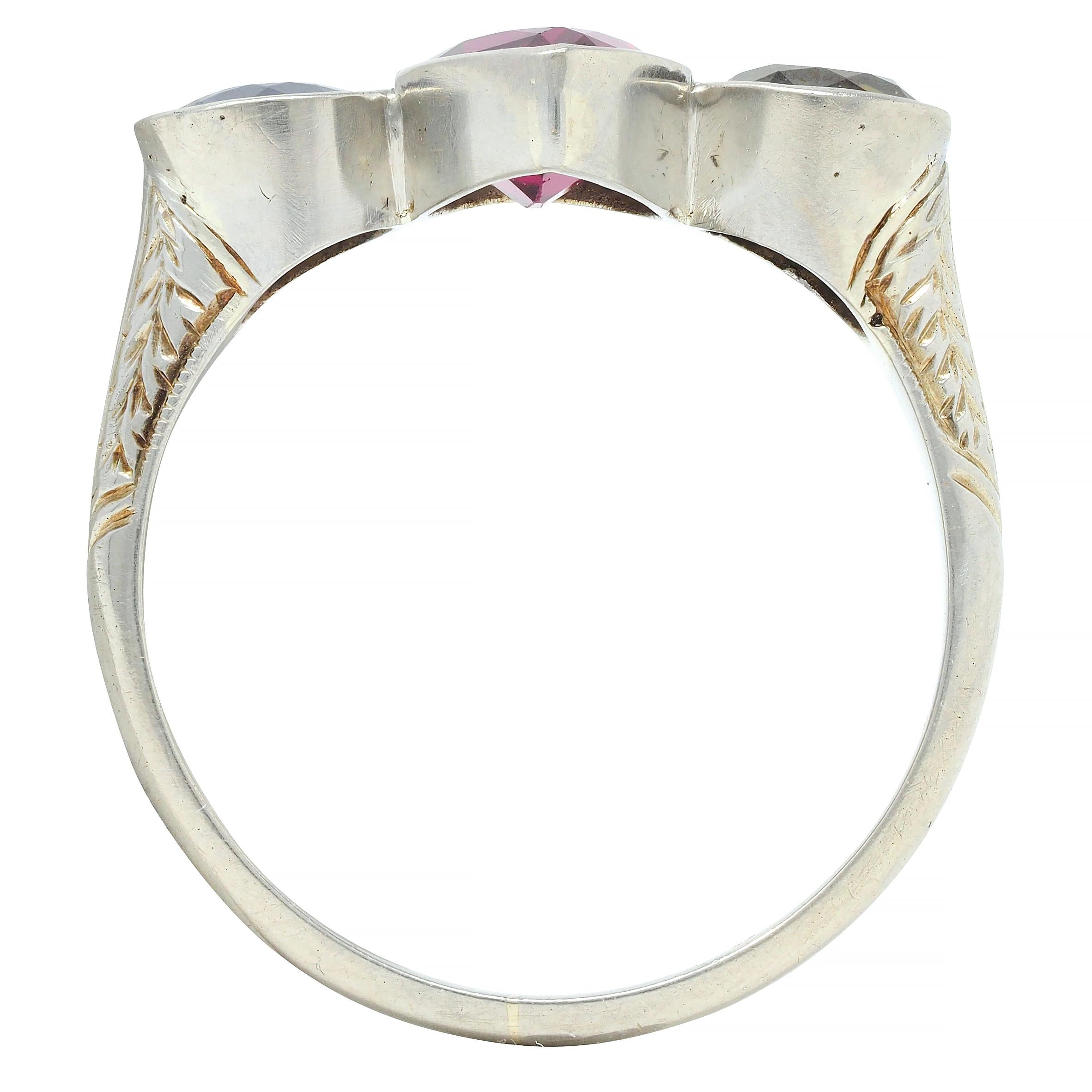 Art Deco 1.92 CTW Ruby Sapphire Fancy Green Diamond 14 Karat White Gold Ring