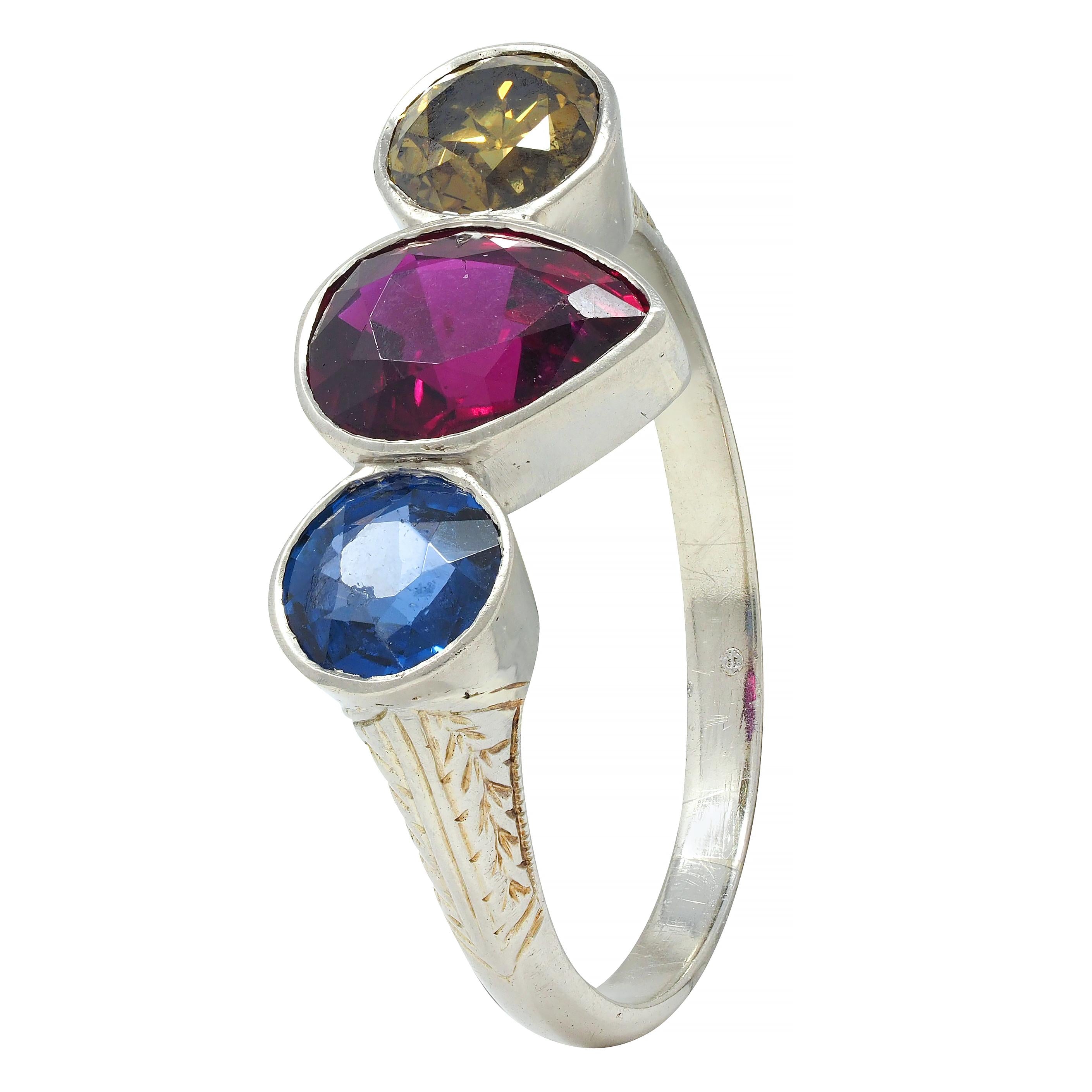 Art Deco 1.92 CTW Ruby Sapphire Fancy Green Diamond 14 Karat White Gold Ring
