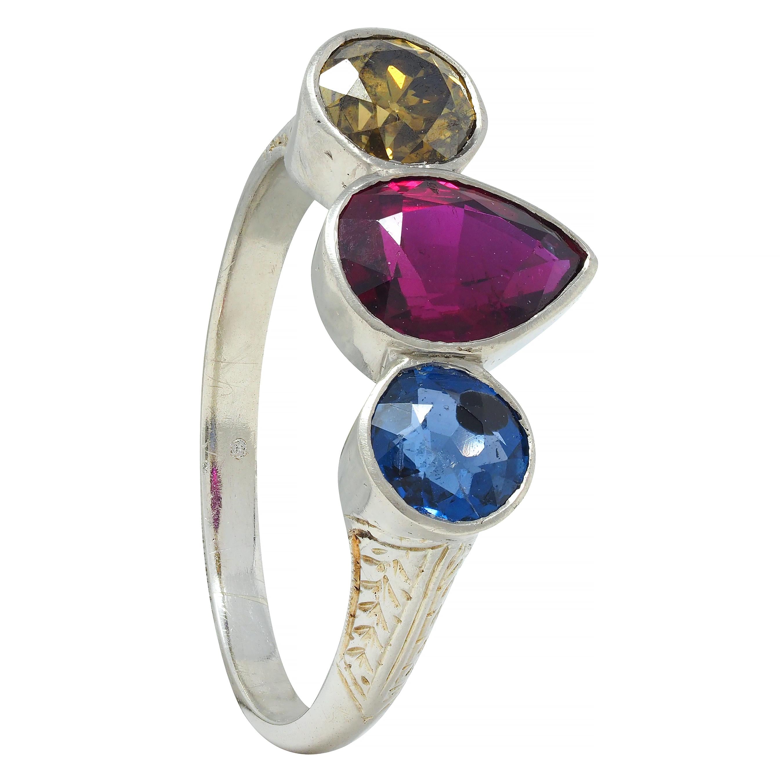 Art Deco 1.92 CTW Ruby Sapphire Fancy Green Diamond 14 Karat White Gold Ring