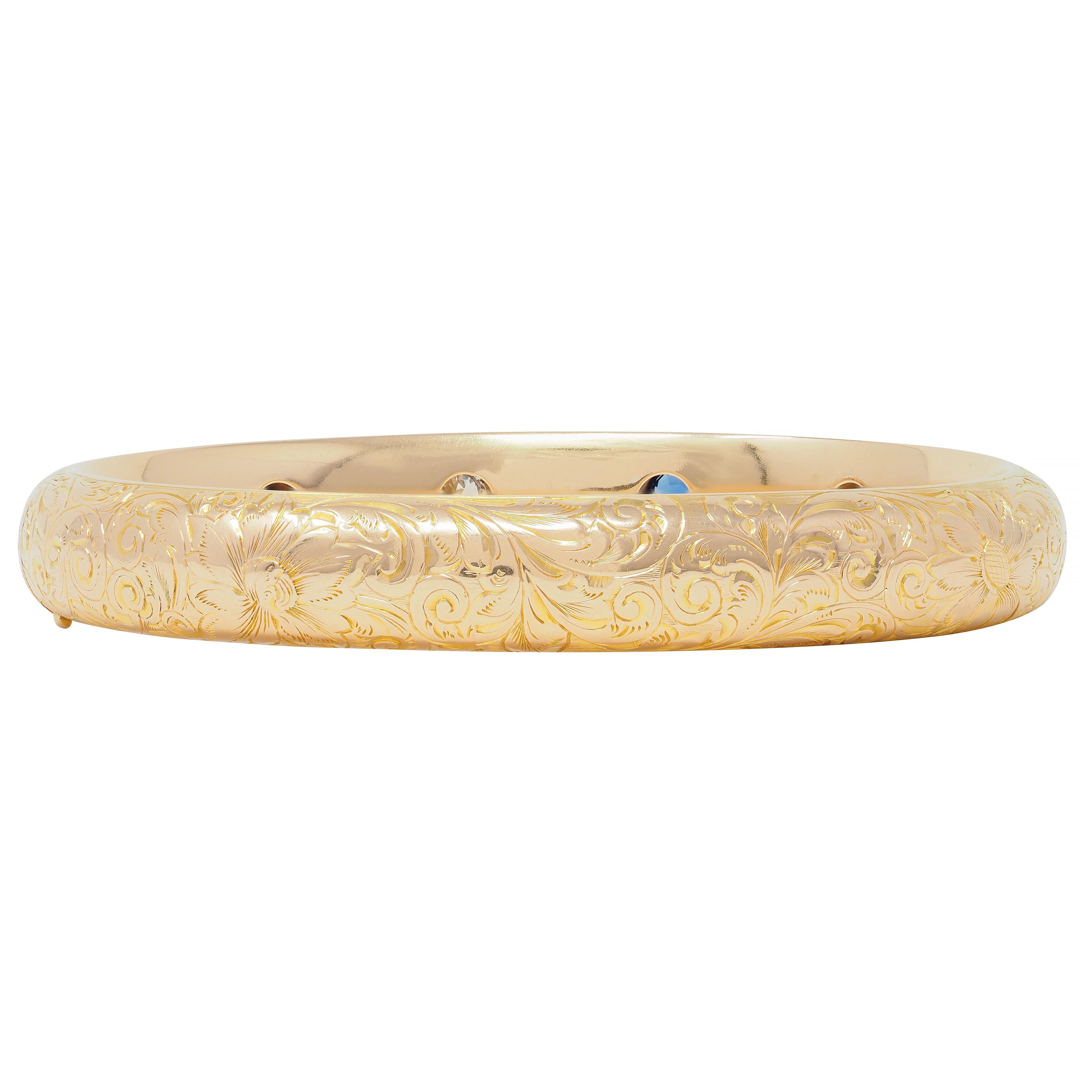 Riker Brother Art Nouveau Sapphire Diamond 14 Karat Gold Antique Bangle Bracelet