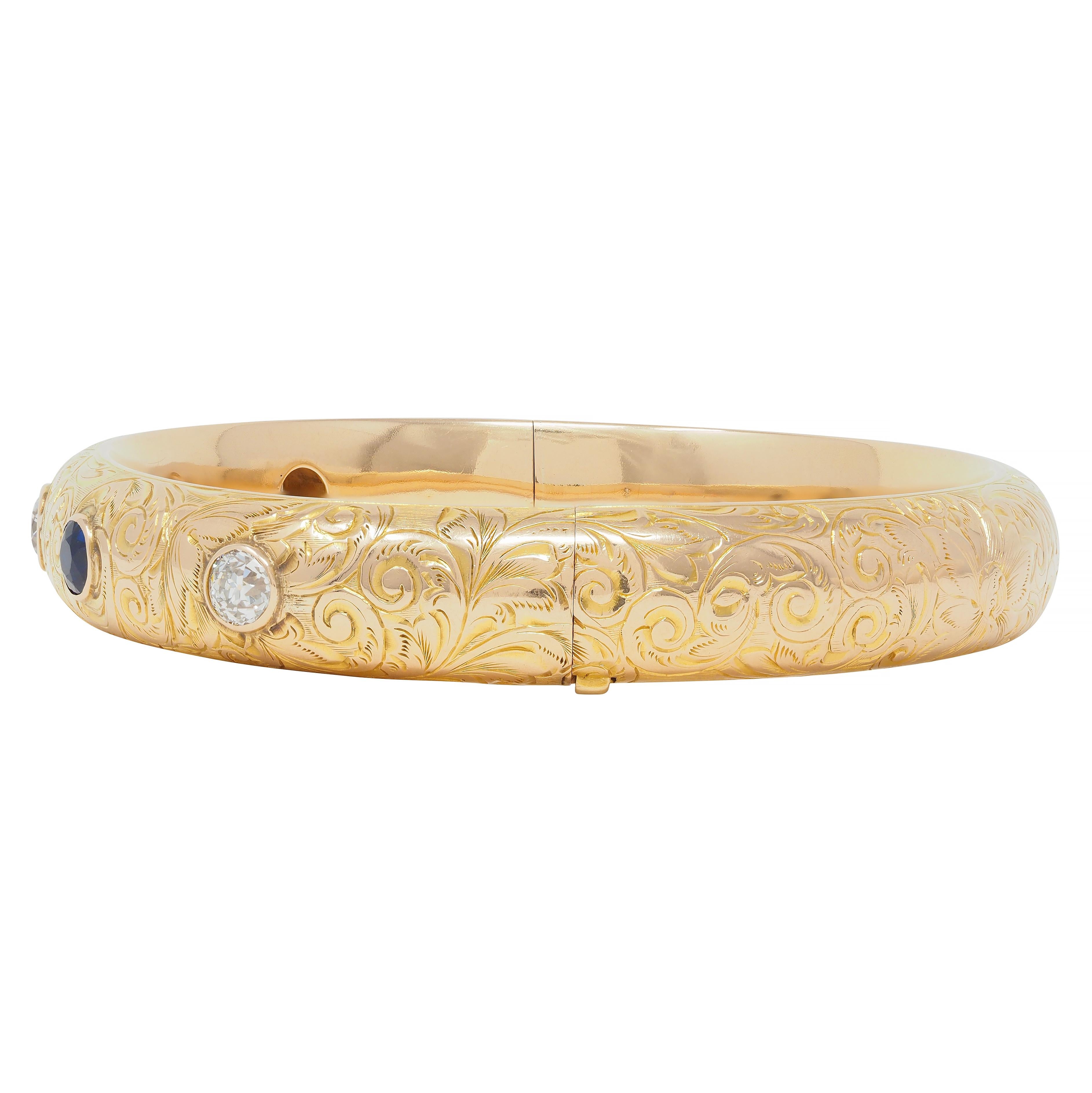 Riker Brother Art Nouveau Sapphire Diamond 14 Karat Gold Antique Bangle Bracelet