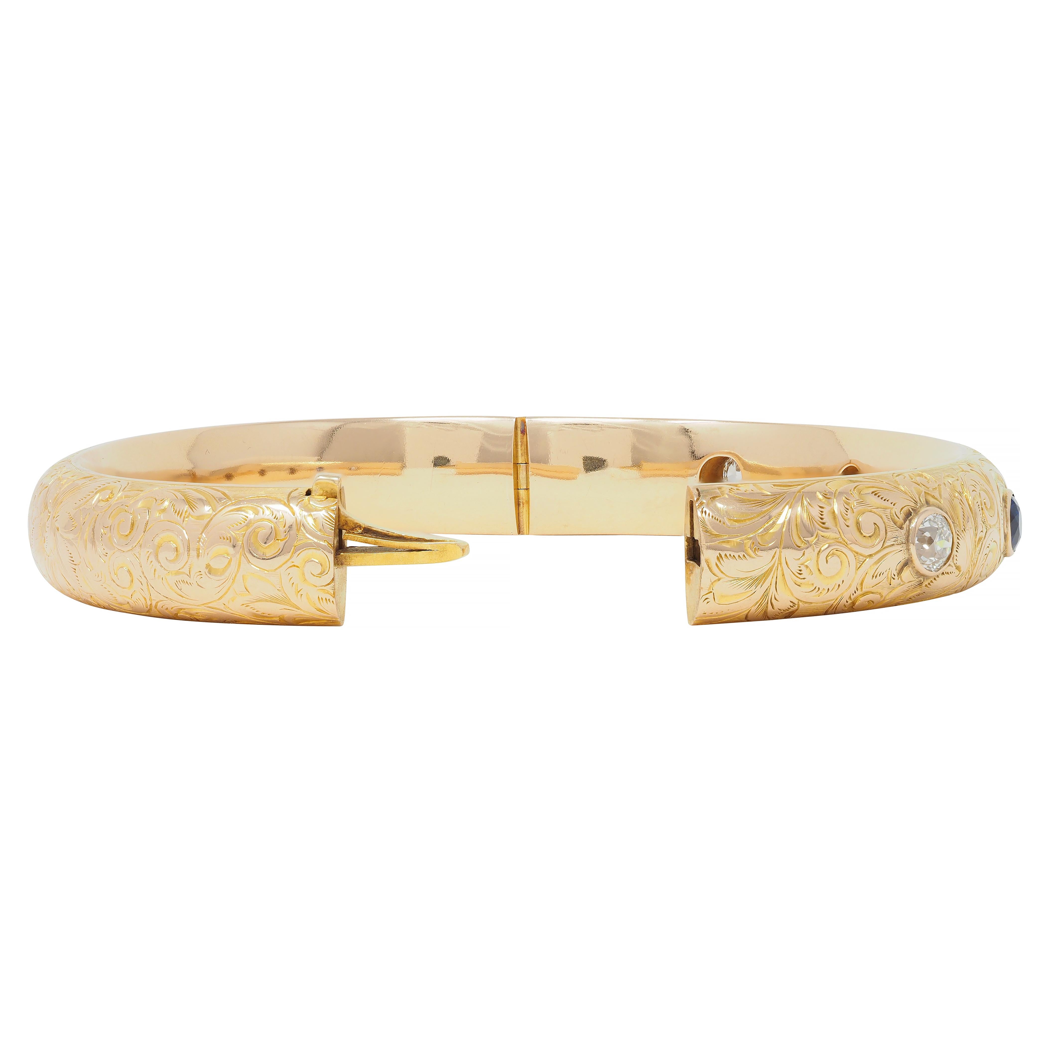 Riker Brother Art Nouveau Sapphire Diamond 14 Karat Gold Antique Bangle Bracelet