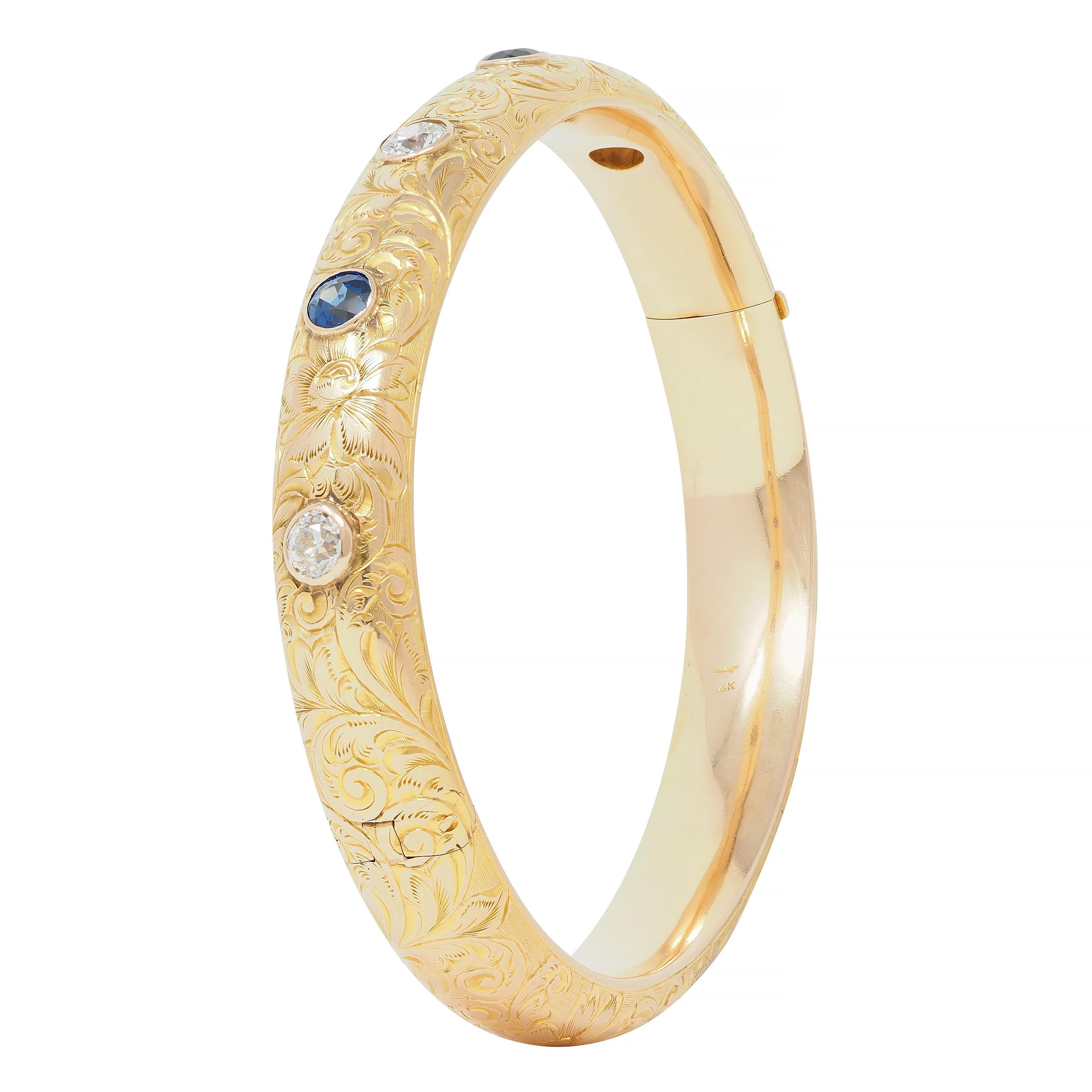 Riker Brother Art Nouveau Sapphire Diamond 14 Karat Gold Antique Bangle Bracelet
