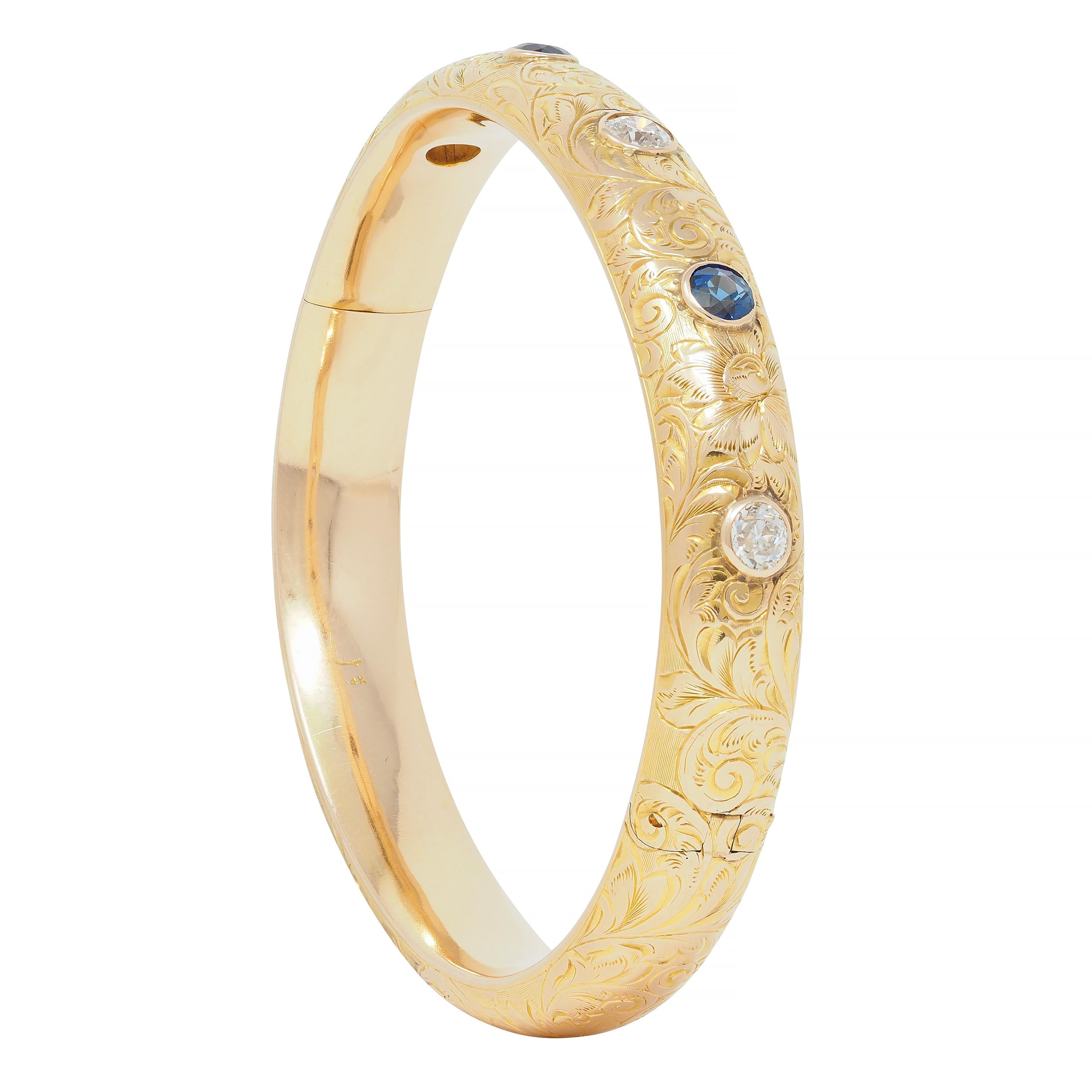 Riker Brother Art Nouveau Sapphire Diamond 14 Karat Gold Antique Bangle Bracelet