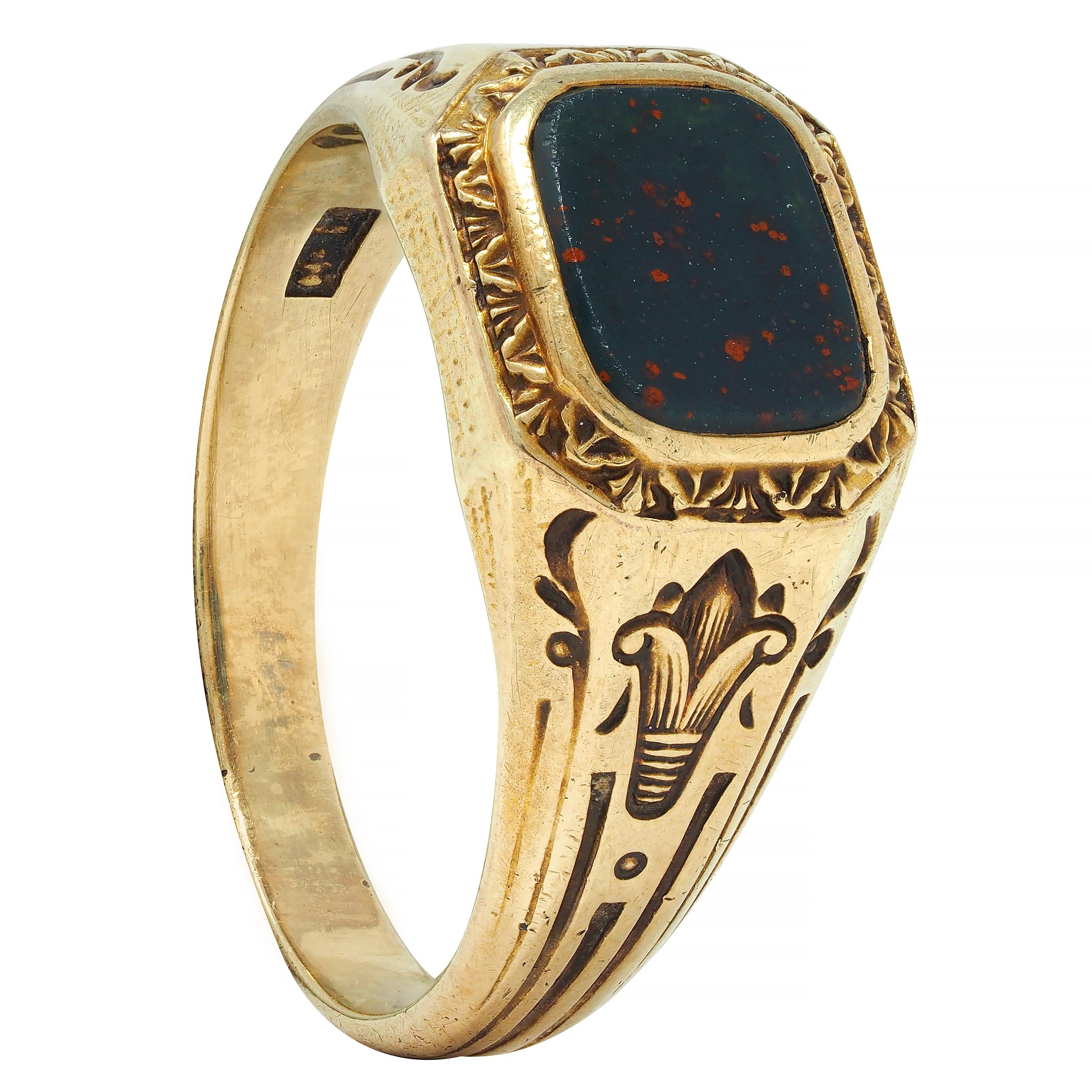 Art Deco Egyptian Revival Bloodstone 14 Karat Yellow Gold Antique Signet Ring