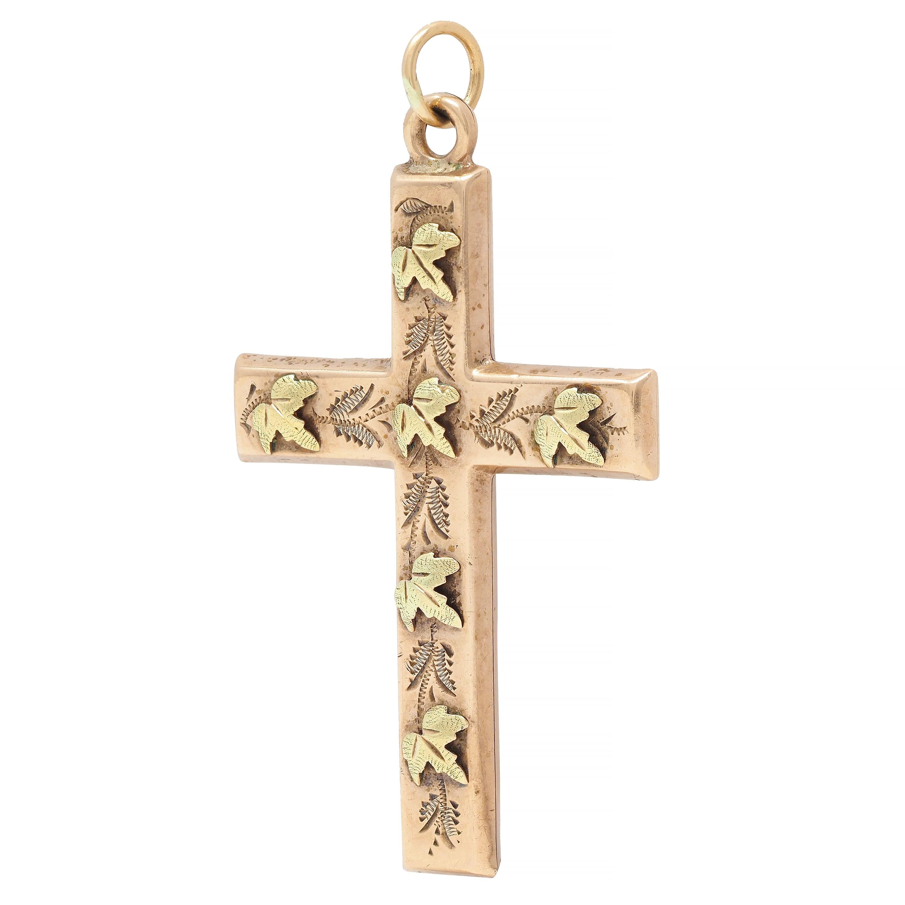 Victorian 14 Karat Rose Green Two-Tone Gold Grape Leaf Antique Cross Pendant
