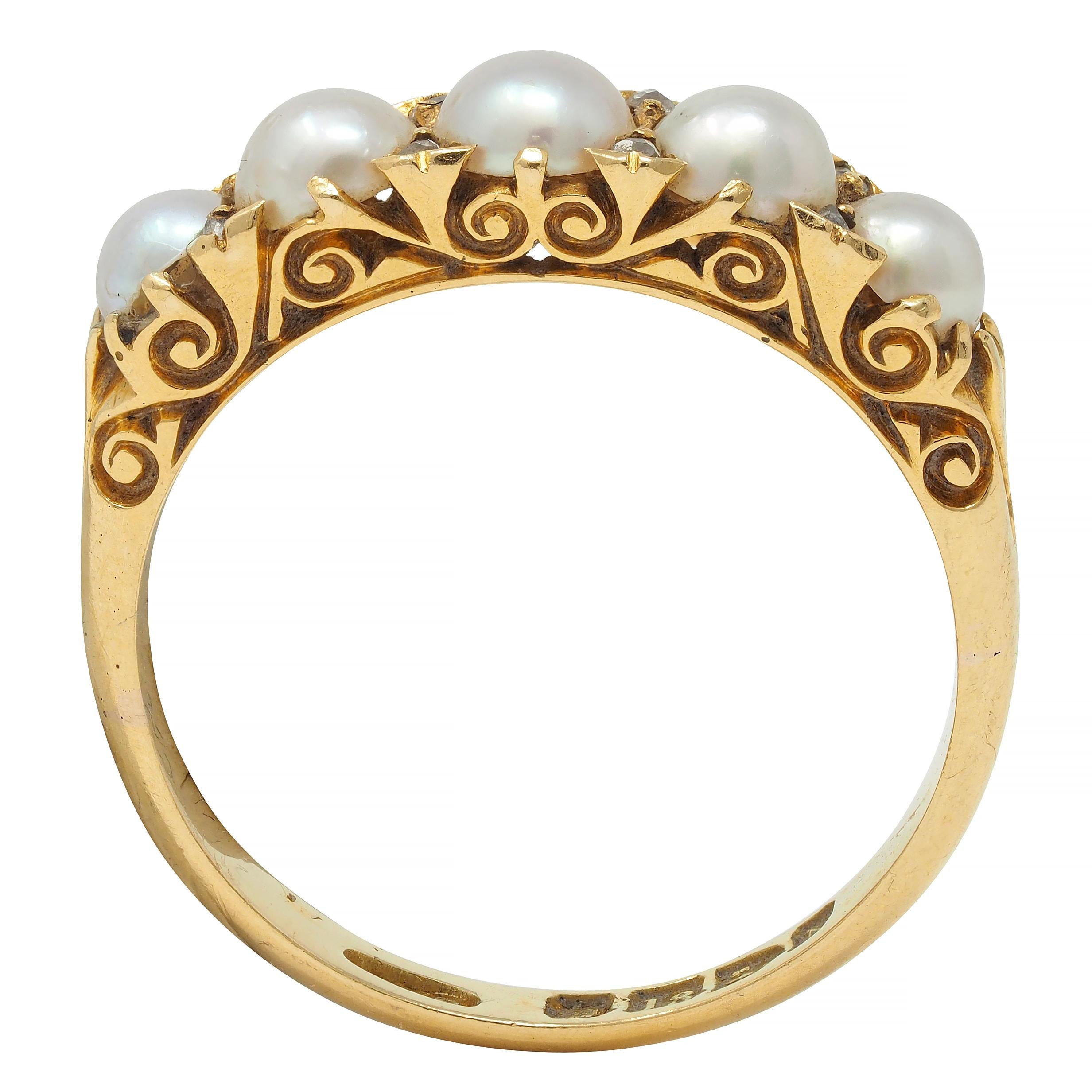 Victorian Pearl Diamond 18 Karat Yellow Gold Scrolling Three Stone Band Ring