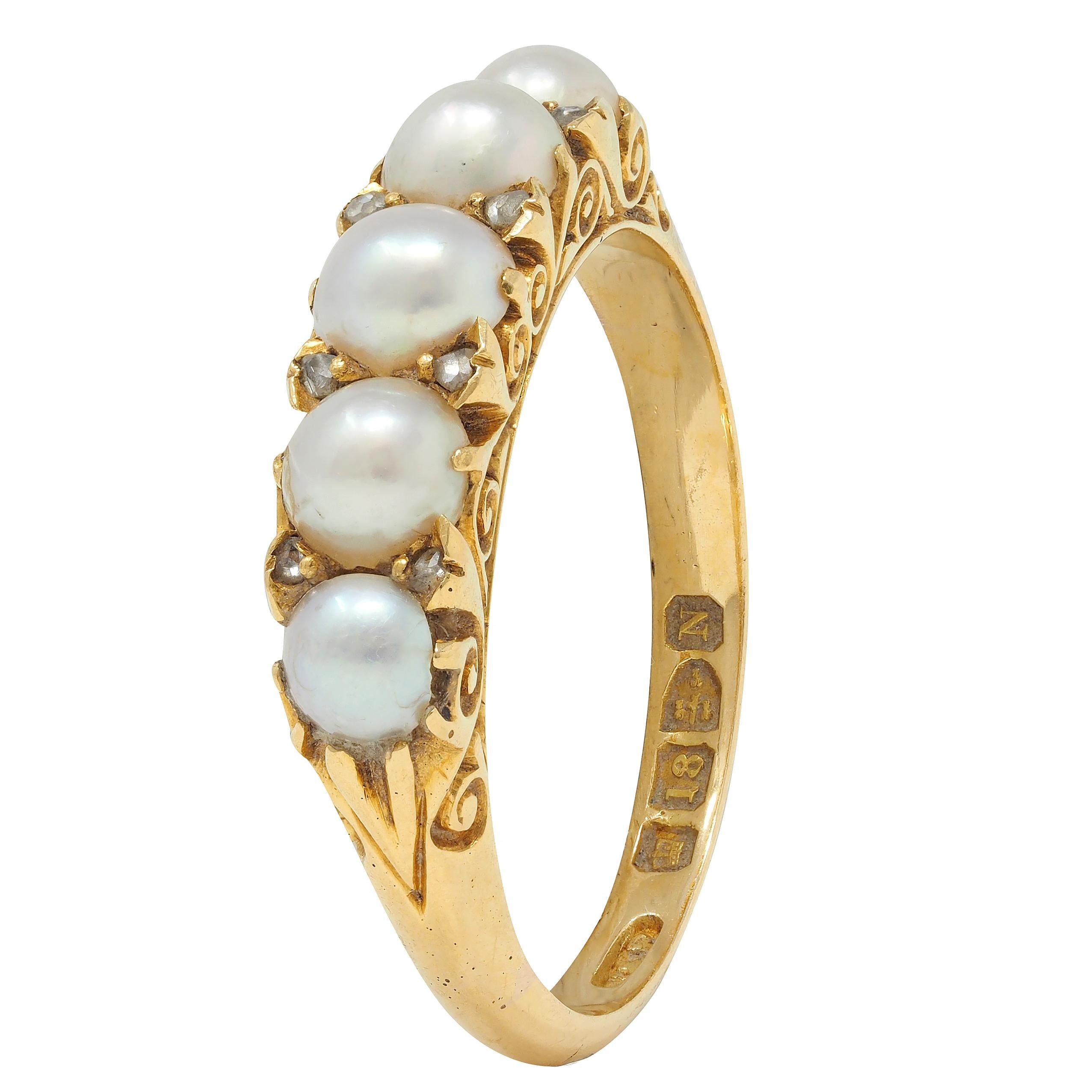 Victorian Pearl Diamond 18 Karat Yellow Gold Scrolling Three Stone Band Ring