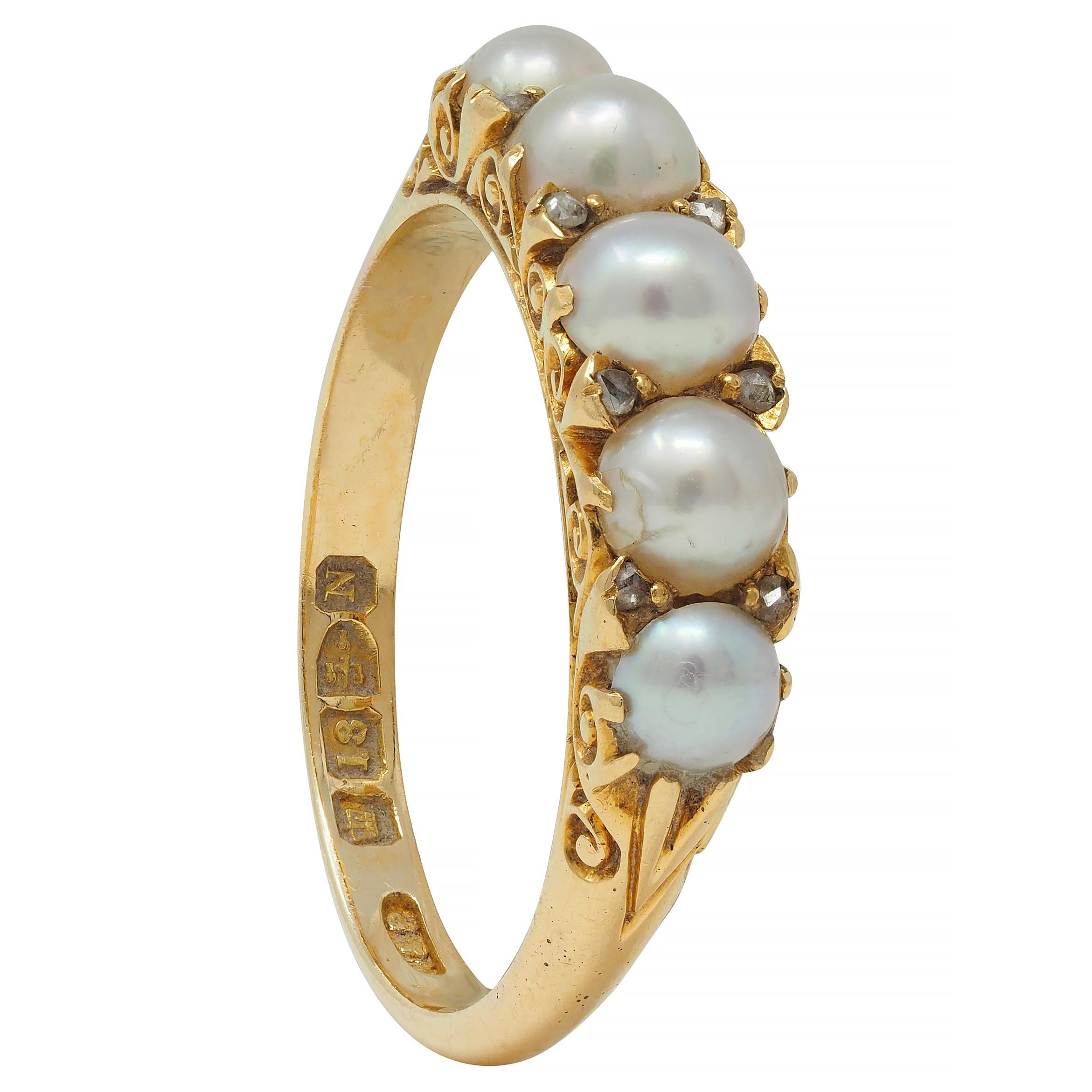 Victorian Pearl Diamond 18 Karat Yellow Gold Scrolling Three Stone Band Ring